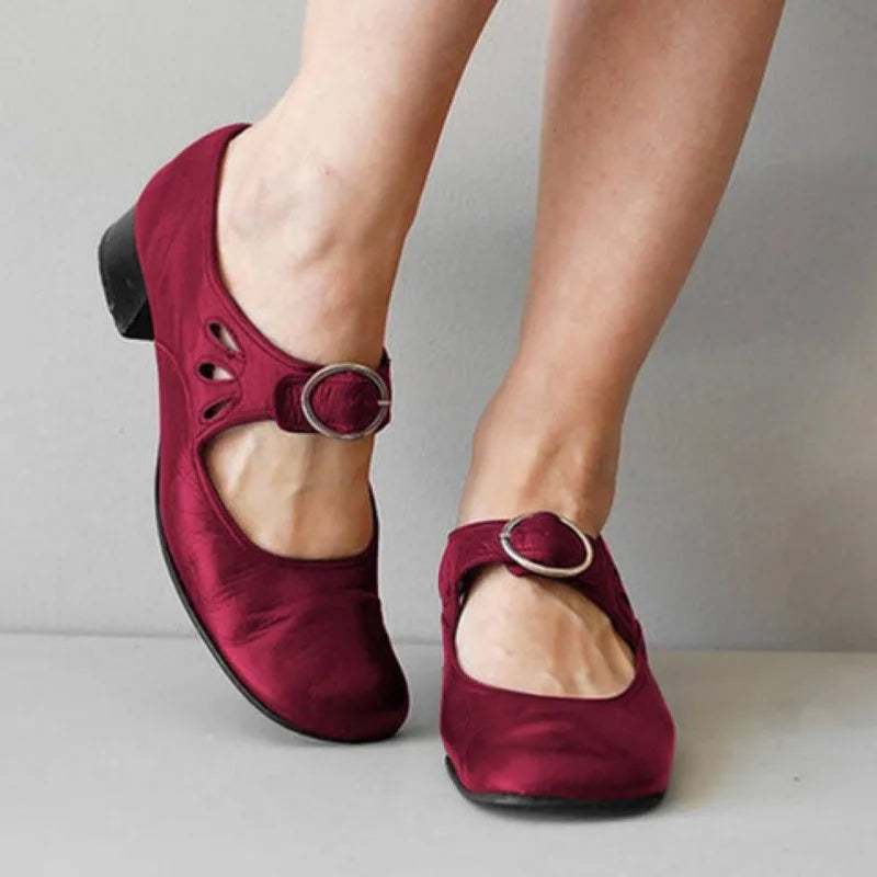 Red women's Mary Jane shoes by Hudson Ridge featuring a classic, comfortable design and stylish straps.
