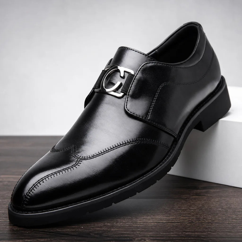 Black Newell men's monk strap shoes by Hudson Ridge, stylish leather loafers with sleek buckle details.