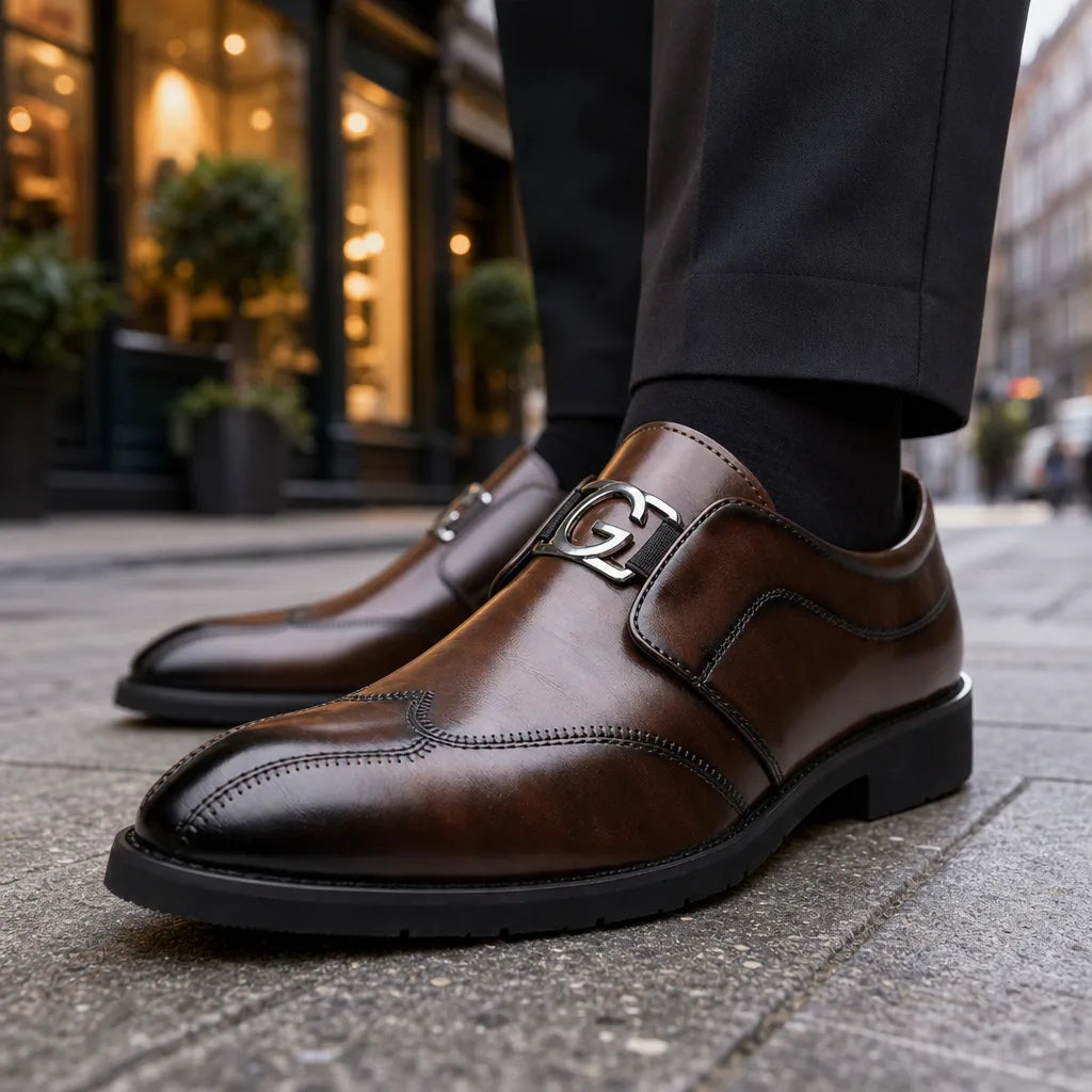 Brown men's monk strap shoes by Hudson Ridge, Newell men's footwear with sleek leather design and buckle details.