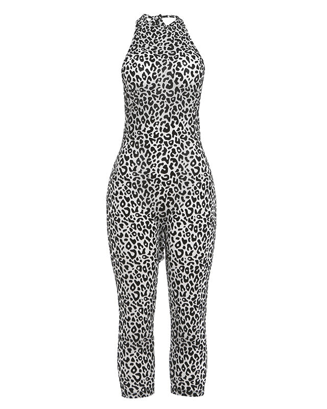 Leopard Print Halter Neck Open Back Capri Jumpsuit  - By Qivii