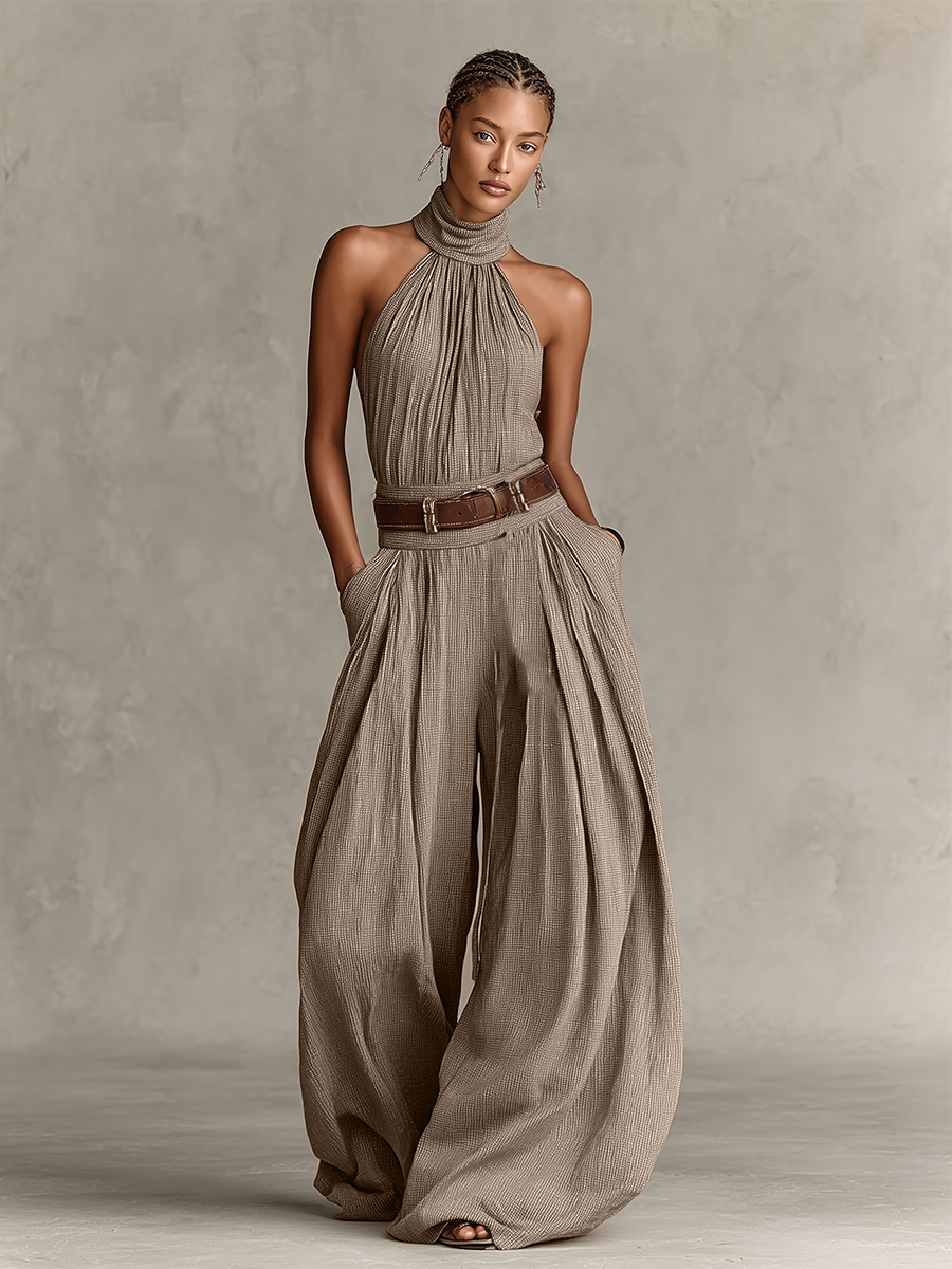 Women's Taupe Cotton-Blend Jumpsuit With Halter Neck & Wide-Leg Silhouette, Timeless Boho-Elegant Style Jumpsuit (Without Belt) MDZ0940C3I