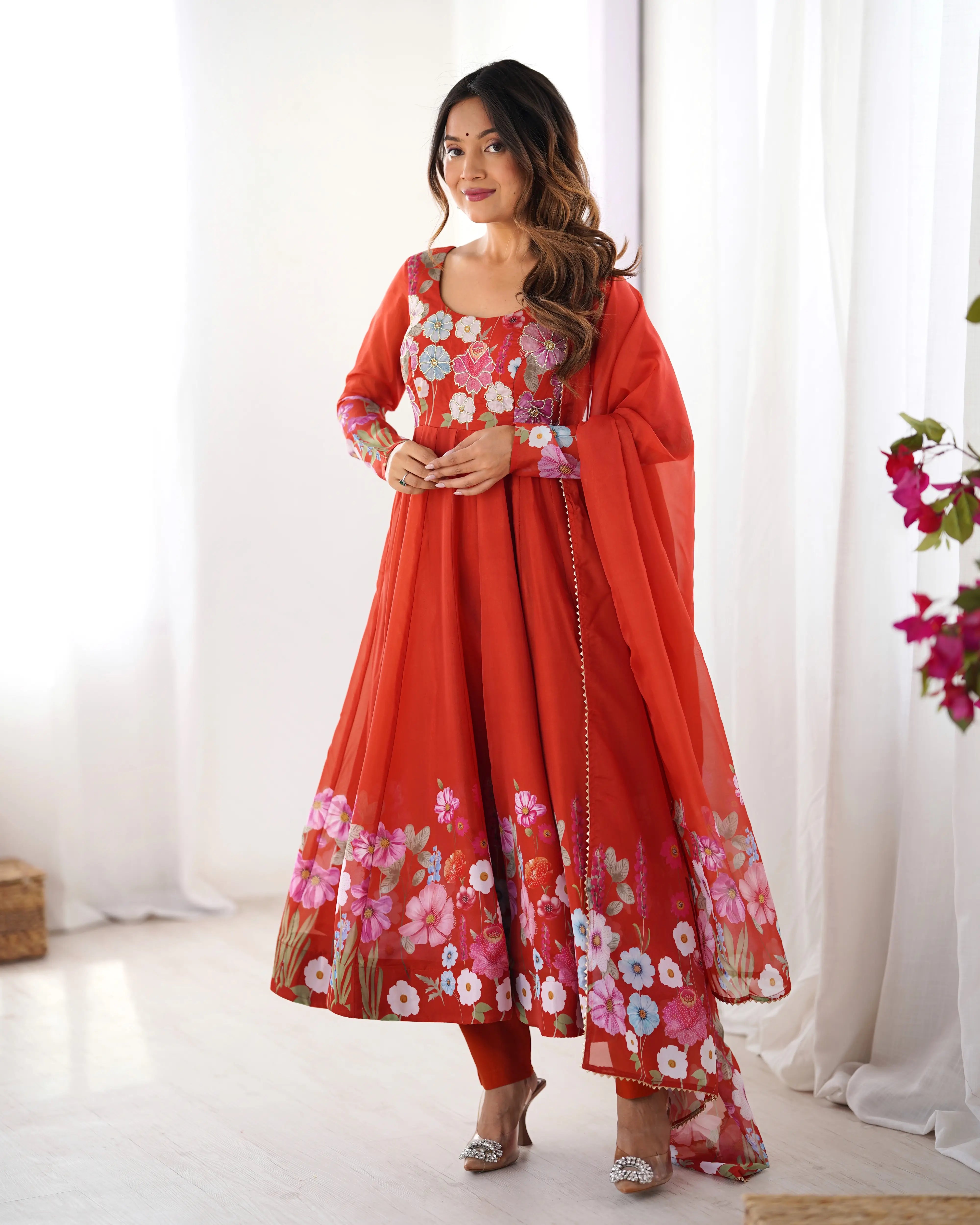Rust Orange Organza Multi Color Floral Print Gown With Dupatta