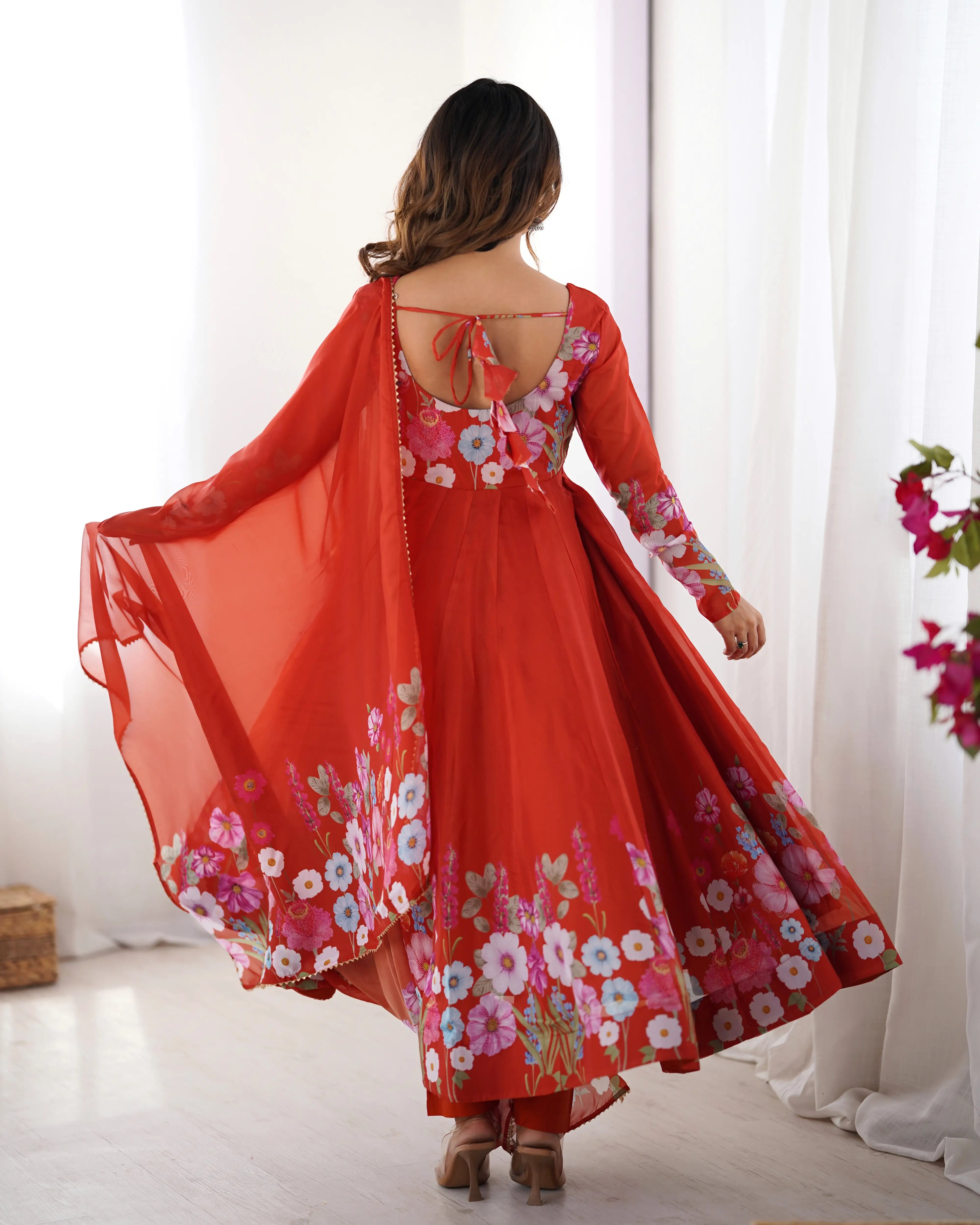 Rust Orange Organza Multi Color Floral Print Gown With Dupatta