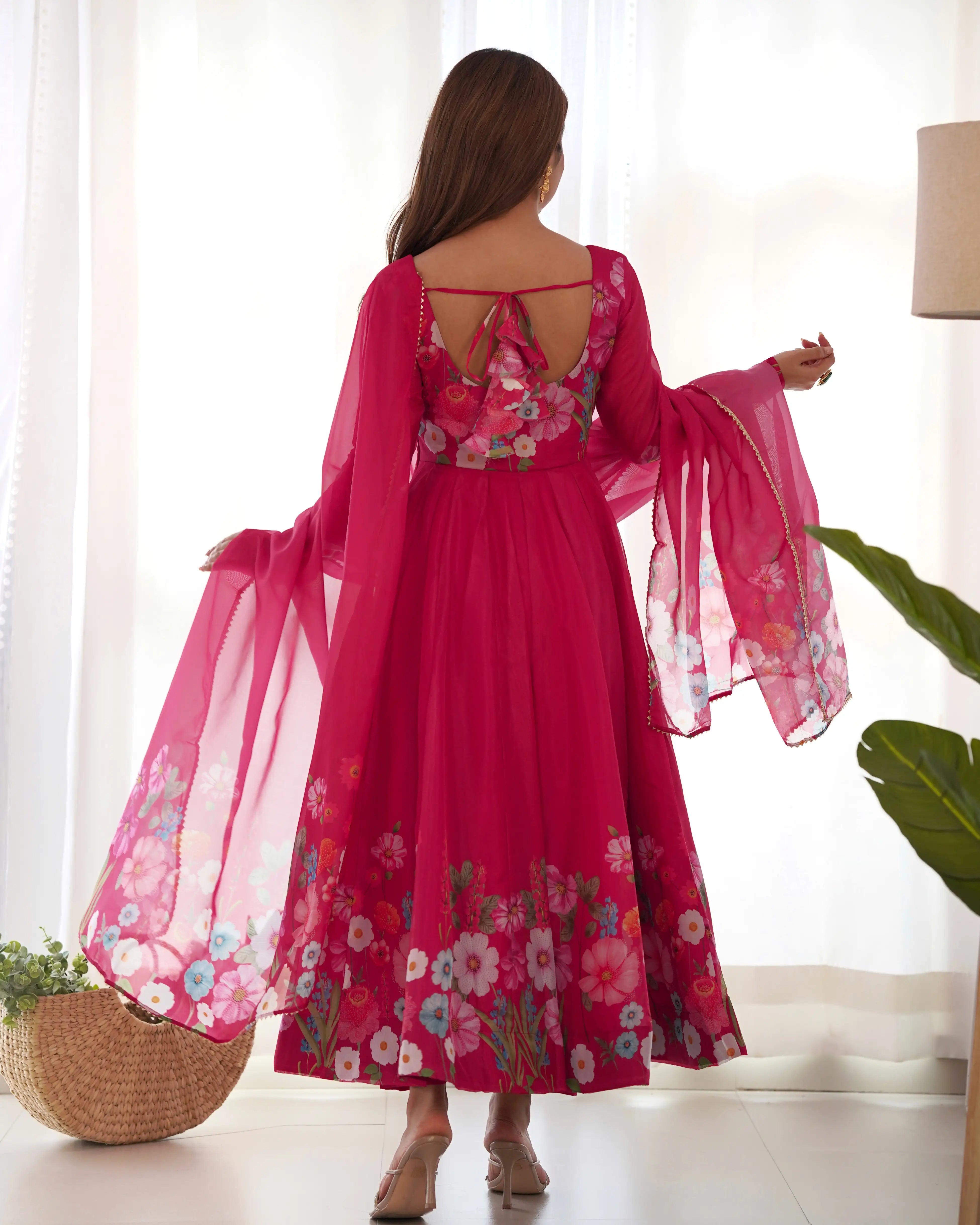 Dark Pink Multi Color Floral Print Organza Gown With Dupatta