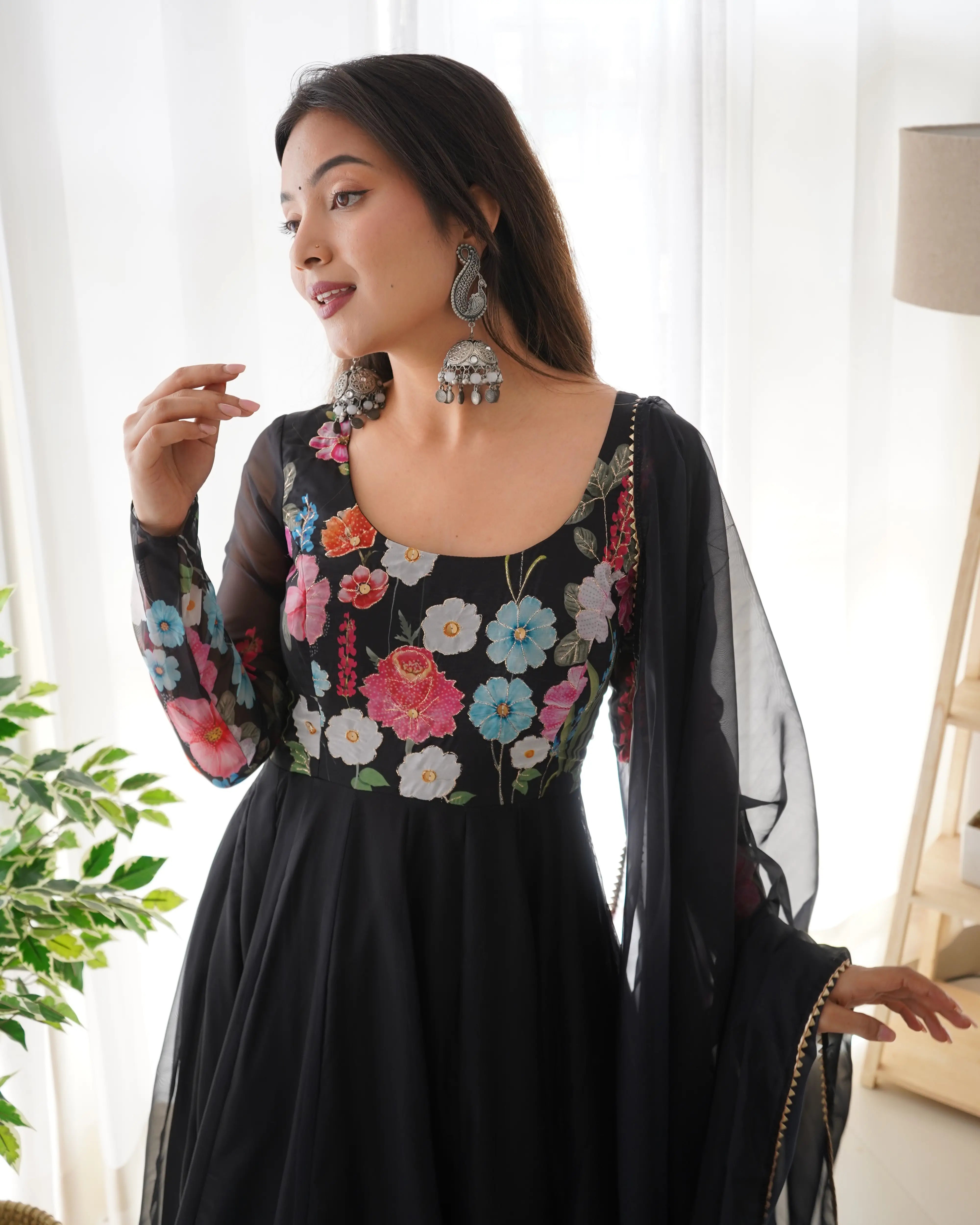 Black With Multi Color Floral Print  Organza Gown With Dupatta