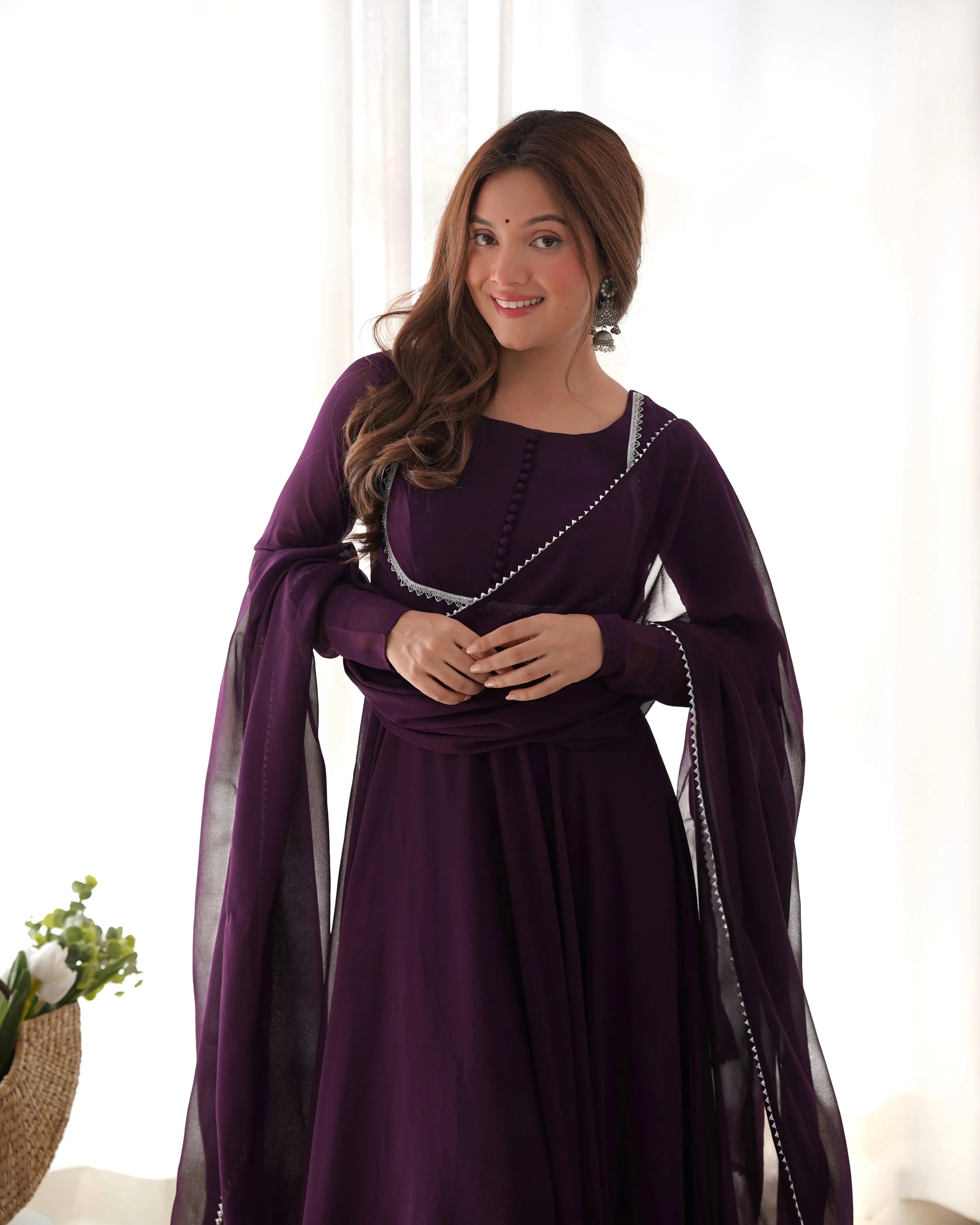 Grape Wine Designer Georgette Gown With Dupatta