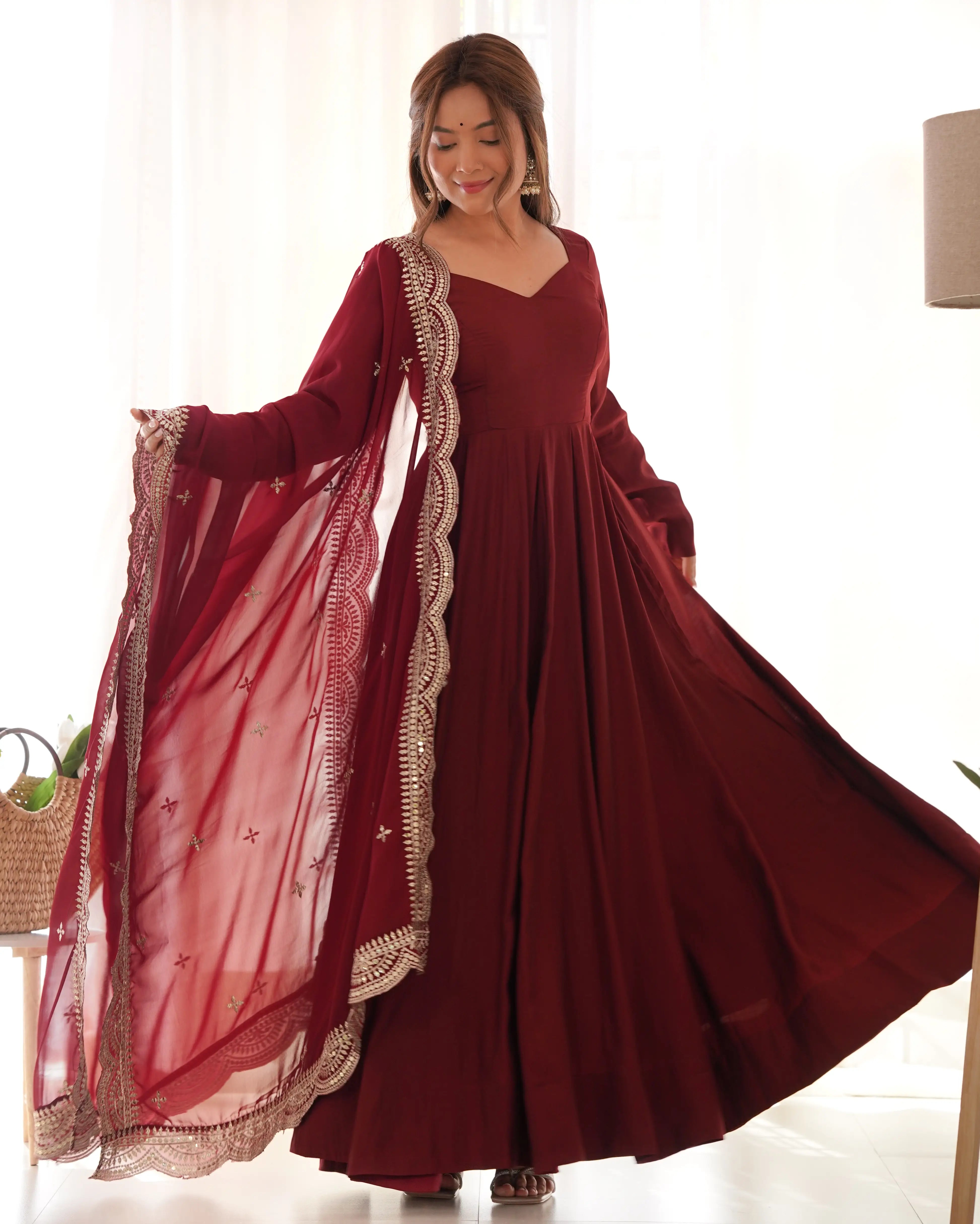 Maroon Silk Anarkali Gown With Georgette Embroidery Work Dupatta