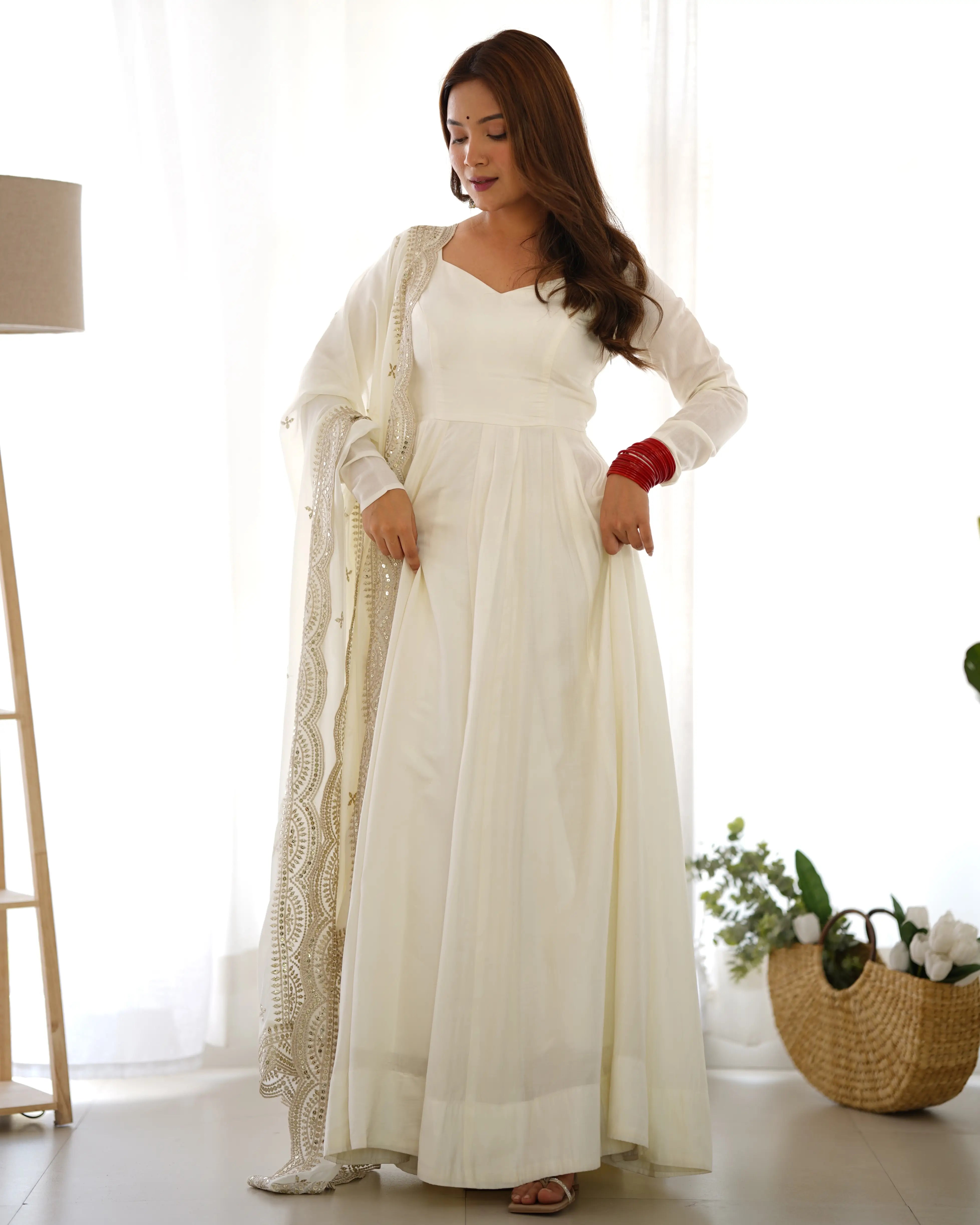 Off White Silk Anarkali Gown With Georgette Embroidery Work Dupatta