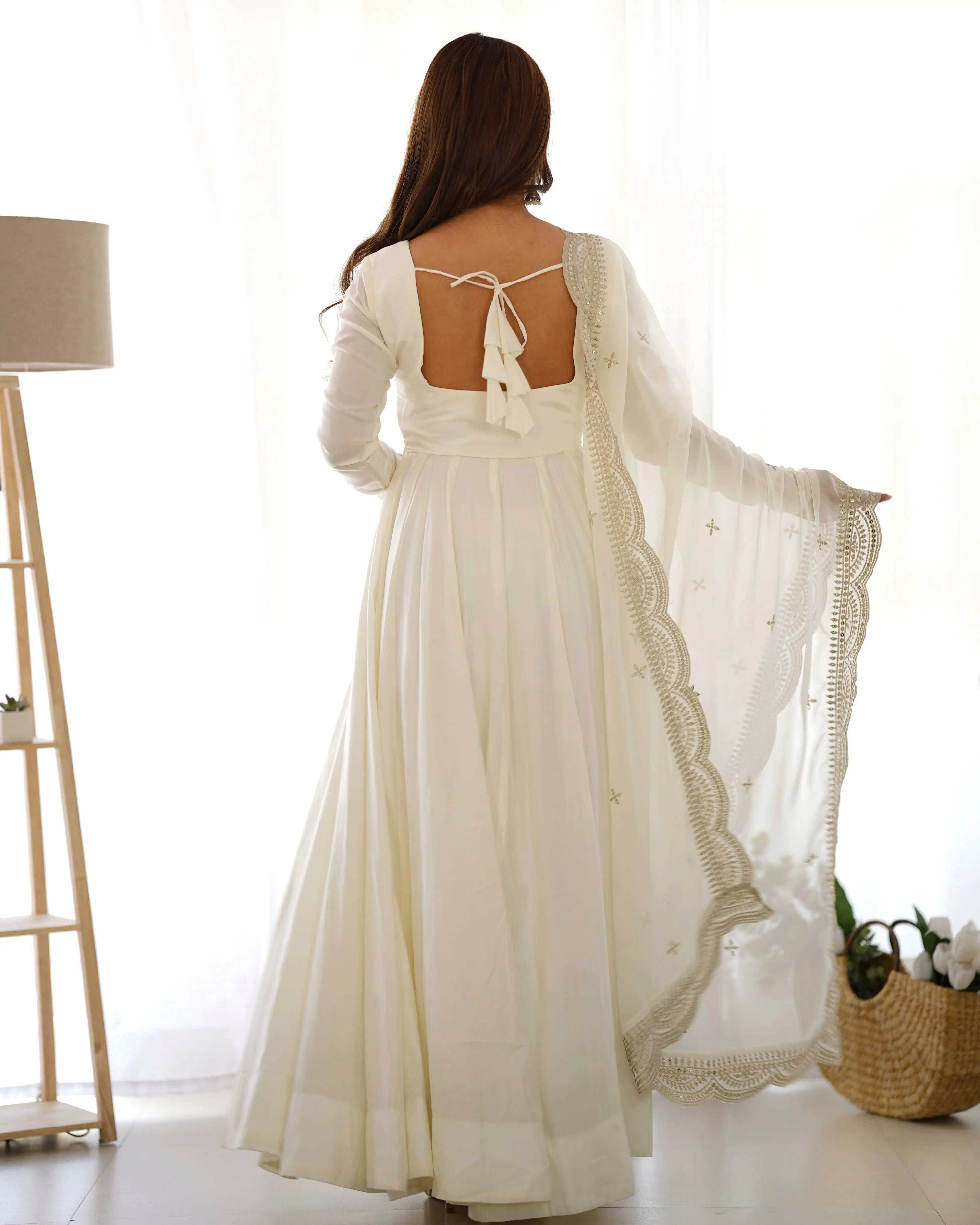 Off White Silk Anarkali Gown With Georgette Embroidery Work Dupatta