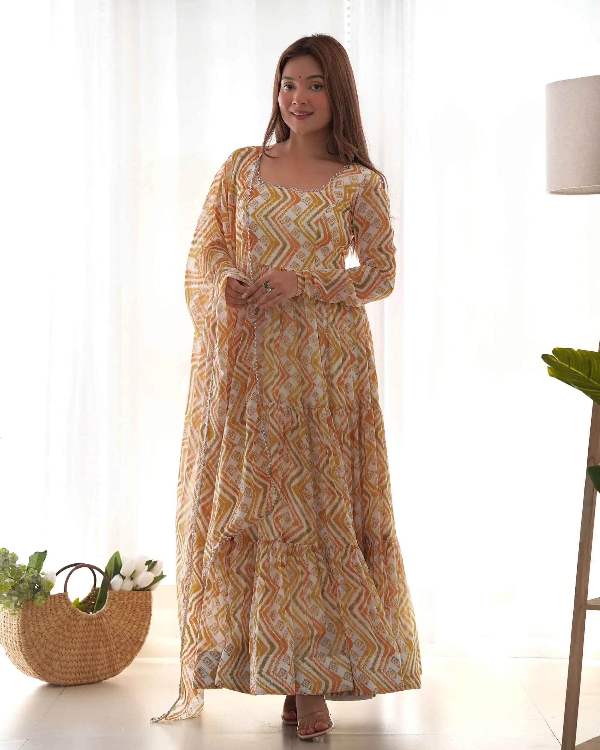 Brownish Yellow Georgette Zigzag Print Three Layered Gown With Dupatta