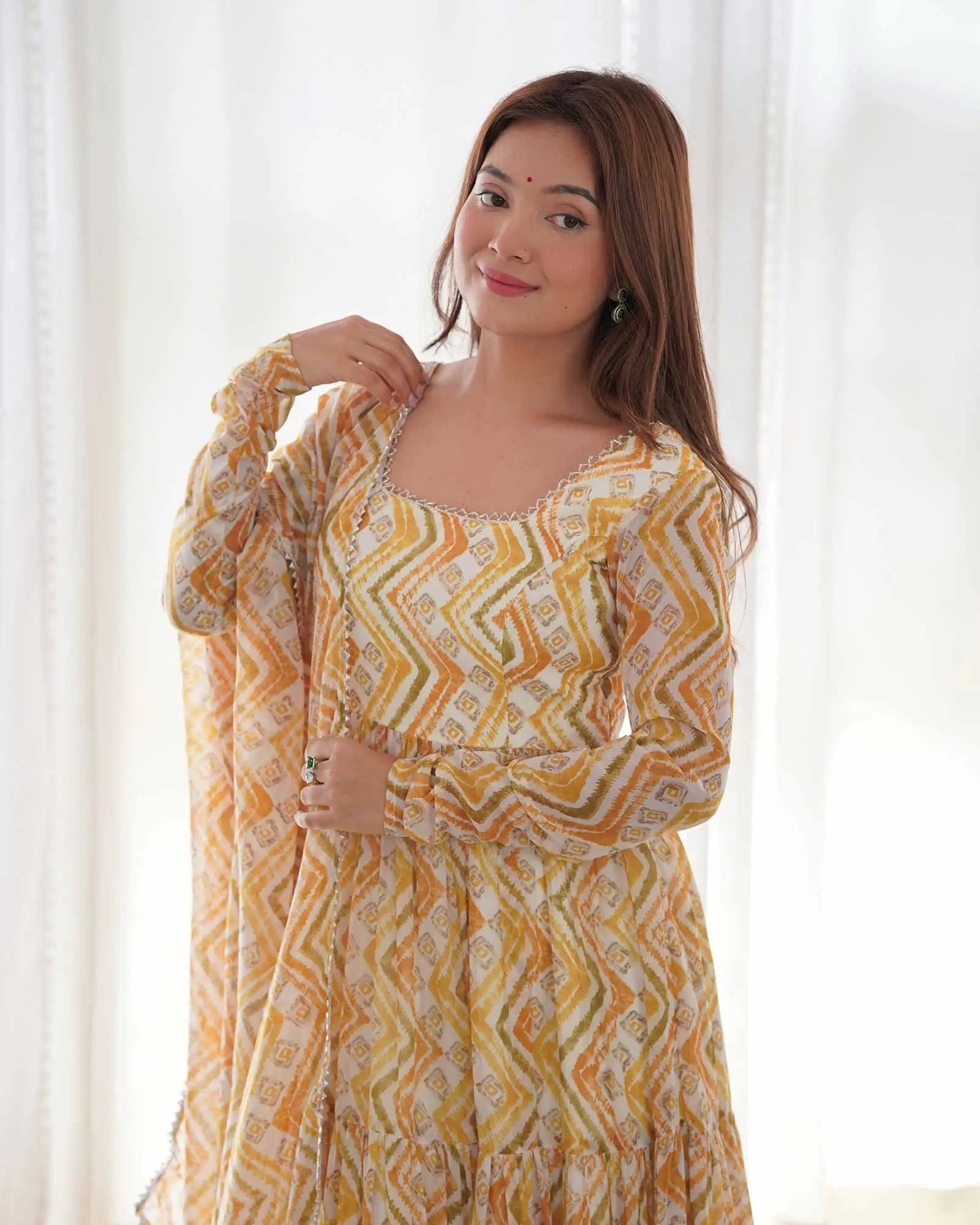 Brownish Yellow Georgette Zigzag Print Three Layered Gown With Dupatta