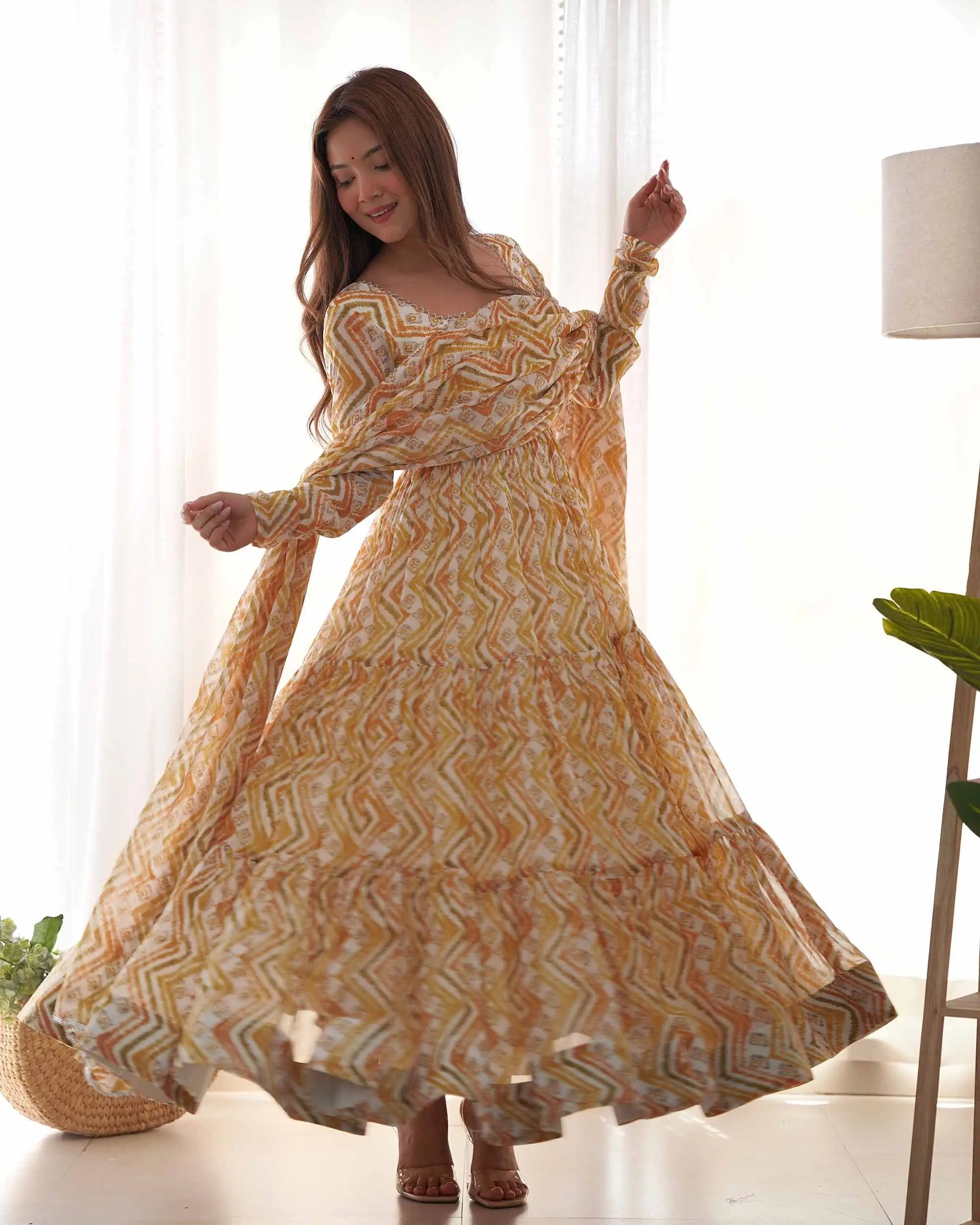 Brownish Yellow Georgette Zigzag Print Three Layered Gown With Dupatta