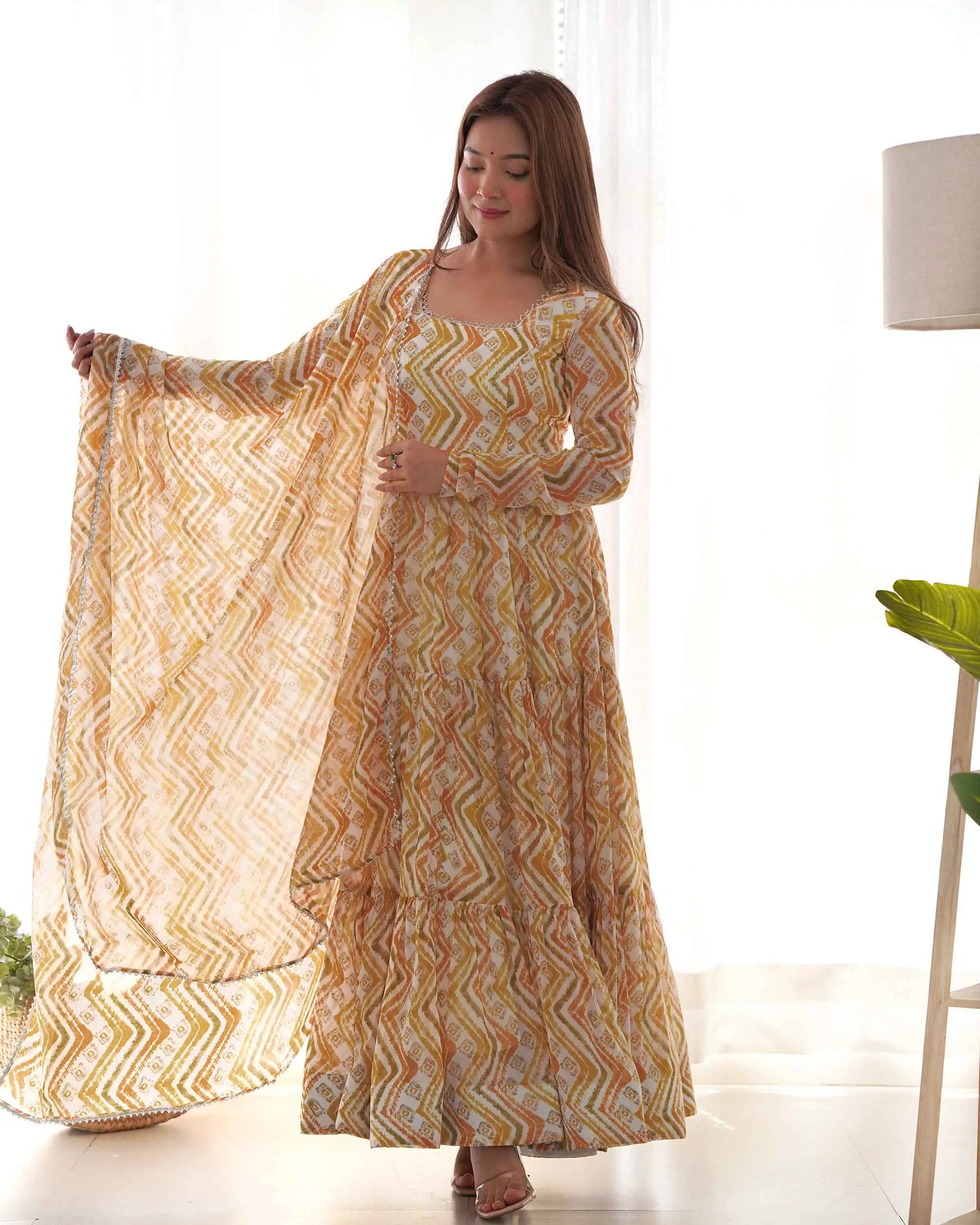 Brownish Yellow Georgette Zigzag Print Three Layered Gown With Dupatta