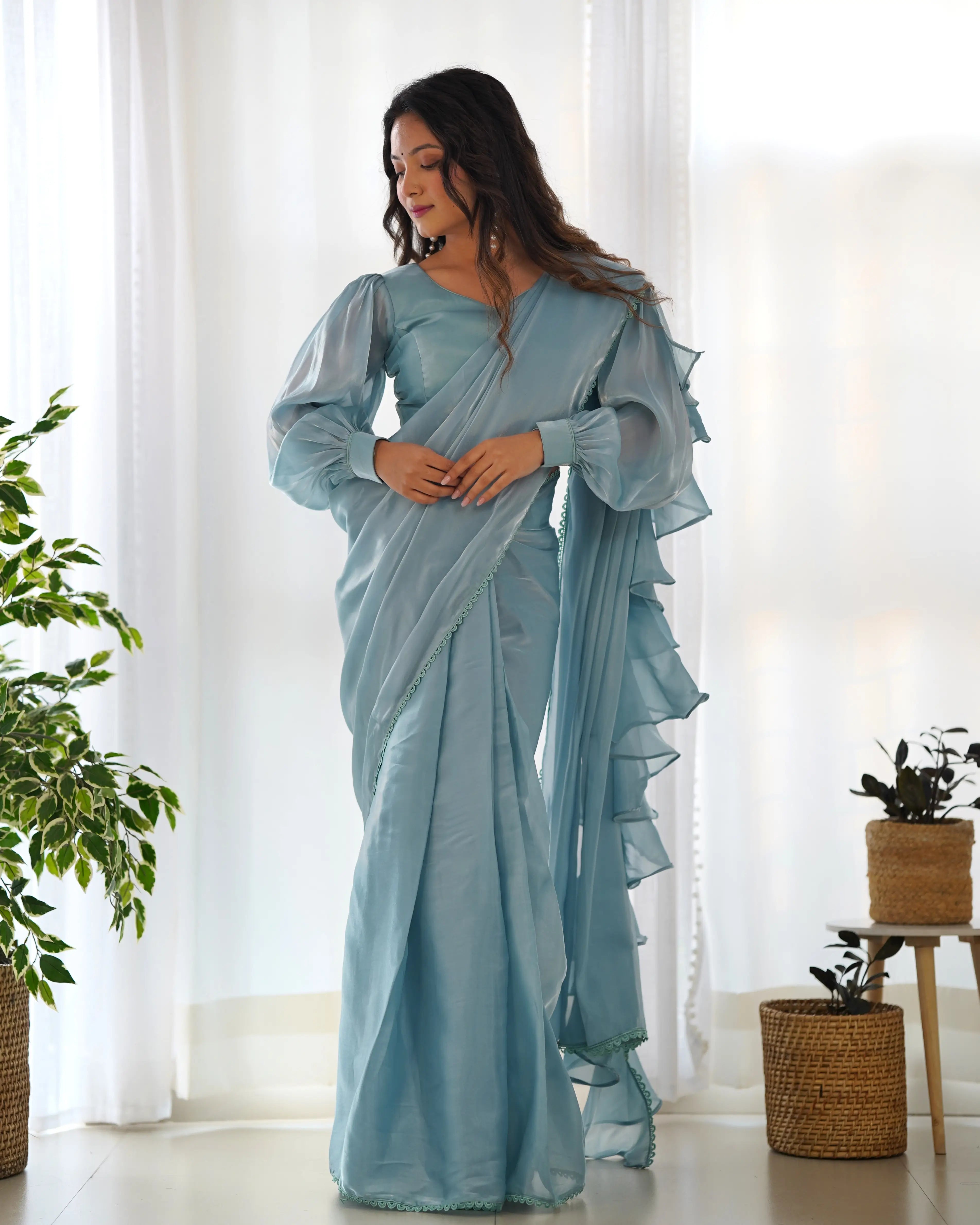 Sky Blue Jimmy Choo Organza Pre Draped Ready To Wear  Saree - qivii