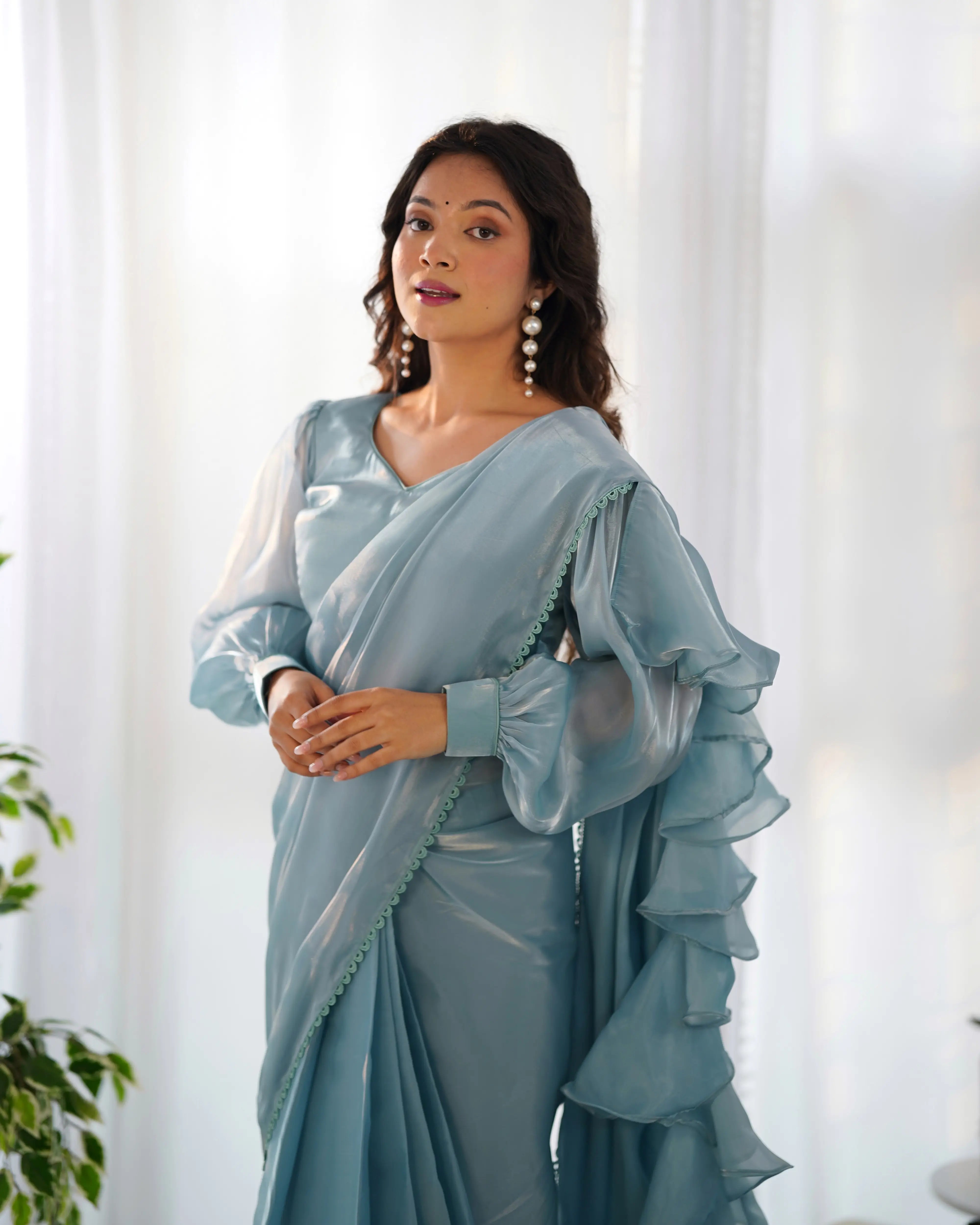 Sky Blue Jimmy Choo Organza Pre Draped Ready To Wear  Saree - qivii