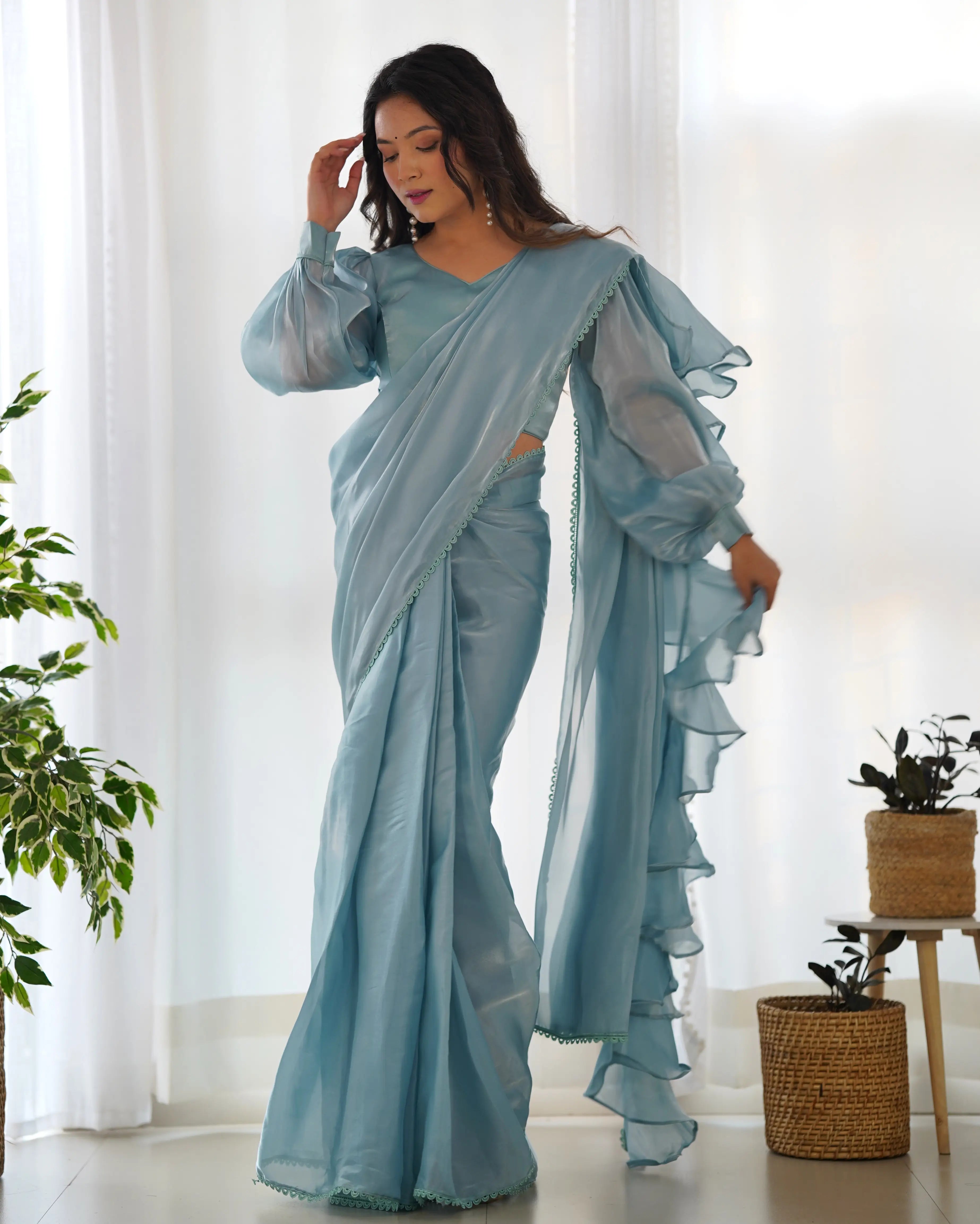 Sky Blue Jimmy Choo Organza Pre Draped Ready To Wear  Saree - qivii
