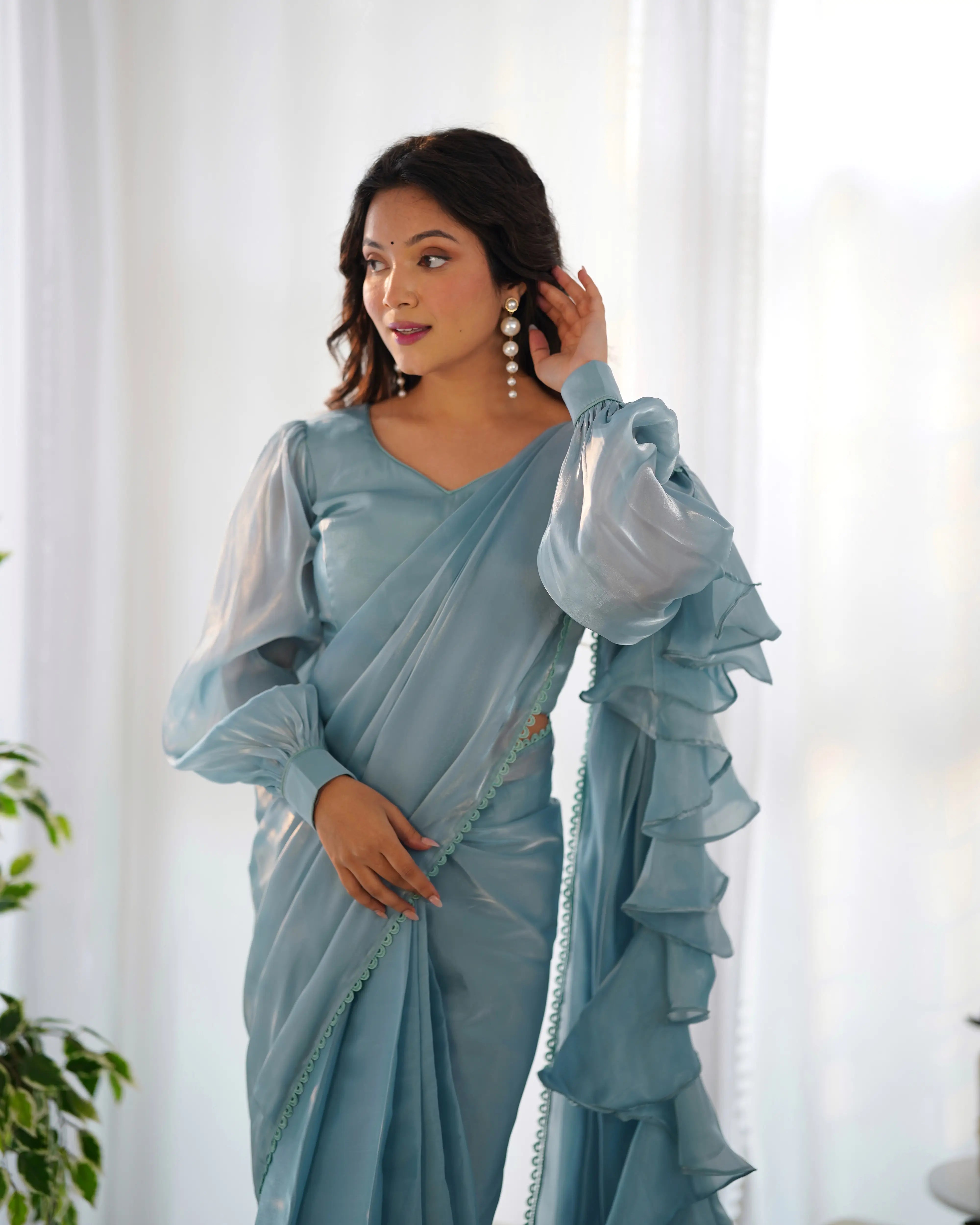 Sky Blue Jimmy Choo Organza Pre Draped Ready To Wear  Saree - qivii