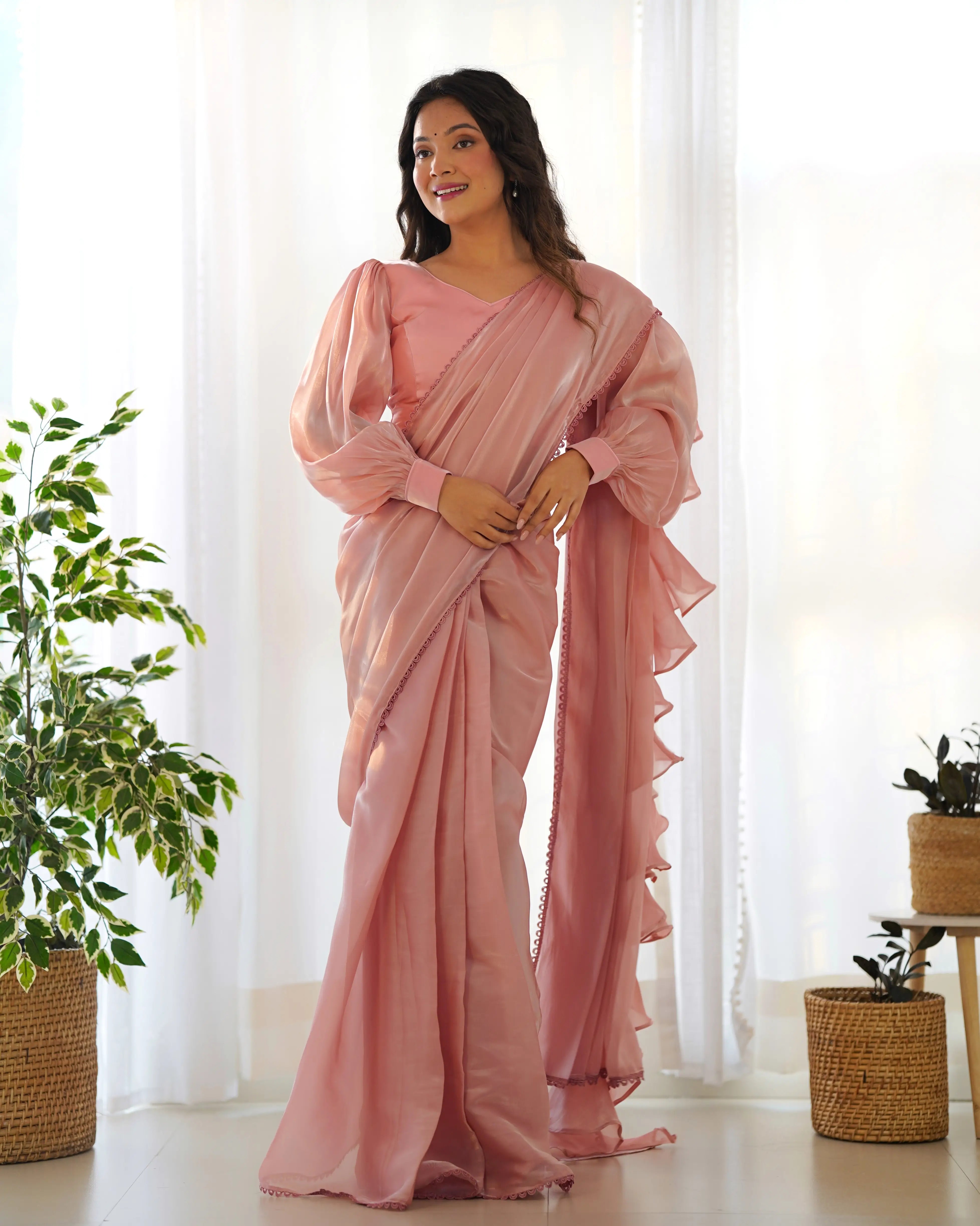 Peach Jimmy Choo Organza Pre Draped Ready To Wear  Saree - qivii