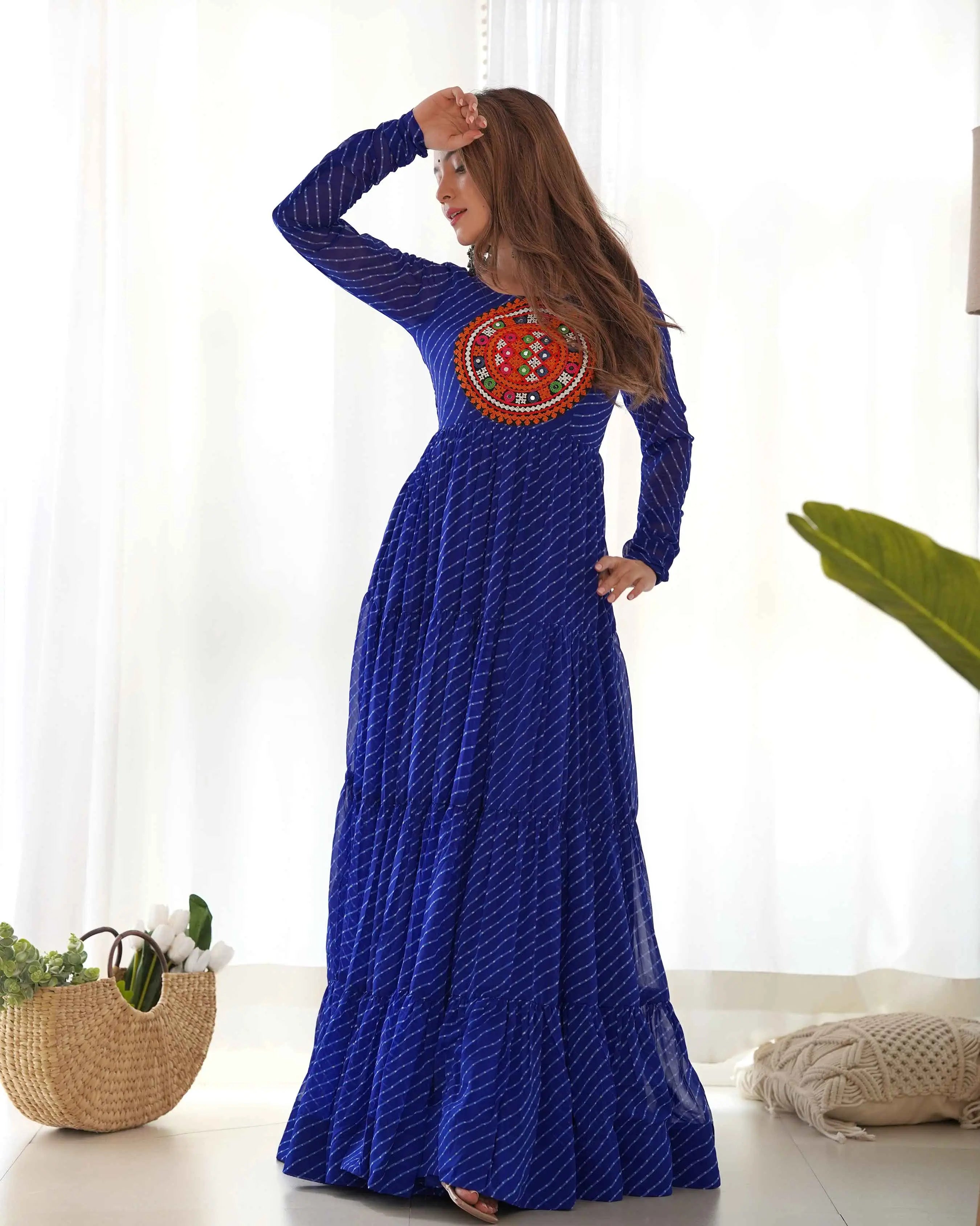 Royal Blue Laheriya Print With Gamthi Patch Work Navratri Gown - qivii