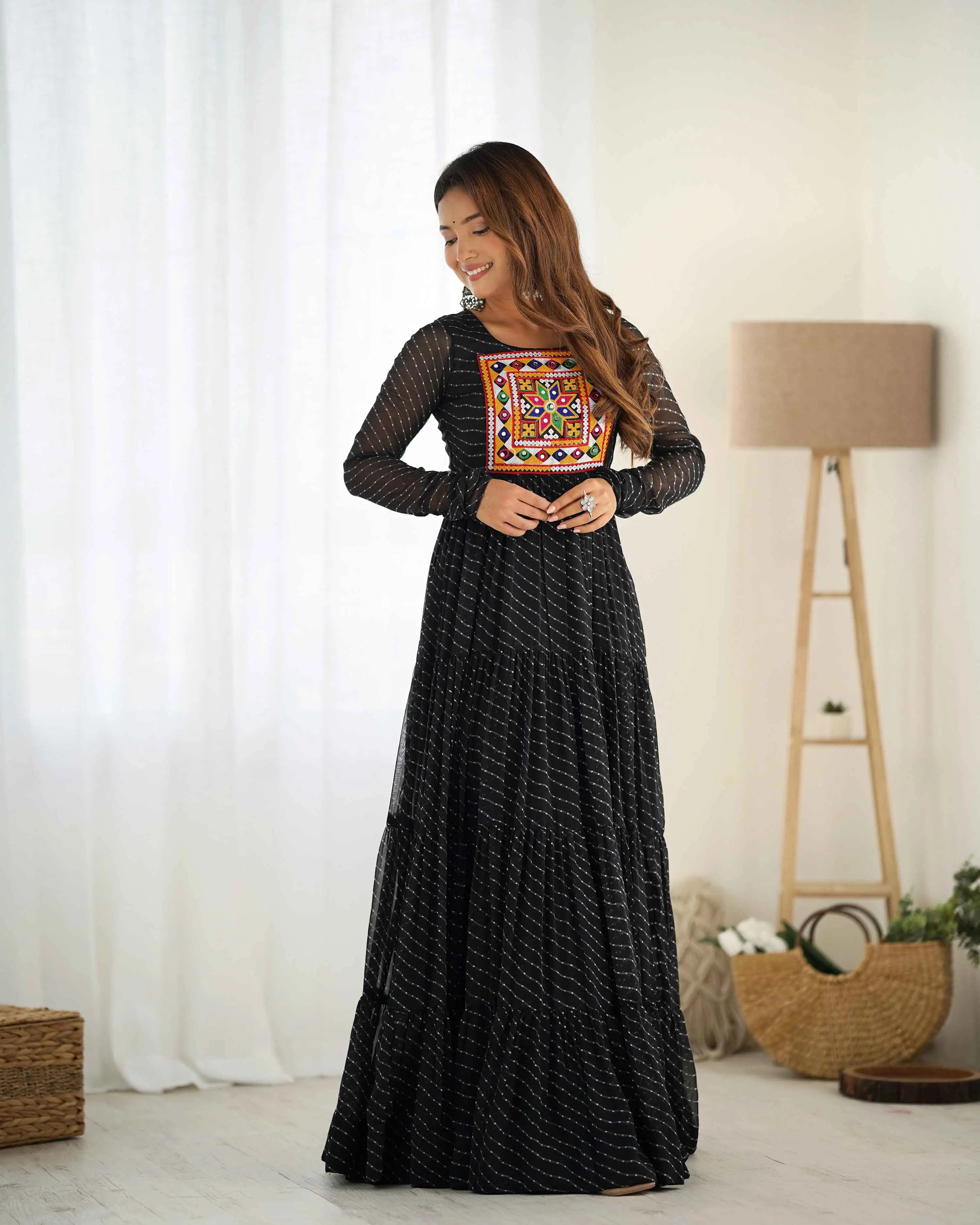 Black Laheriya Print With Gamthi Patch Work Navratri Gown - qivii