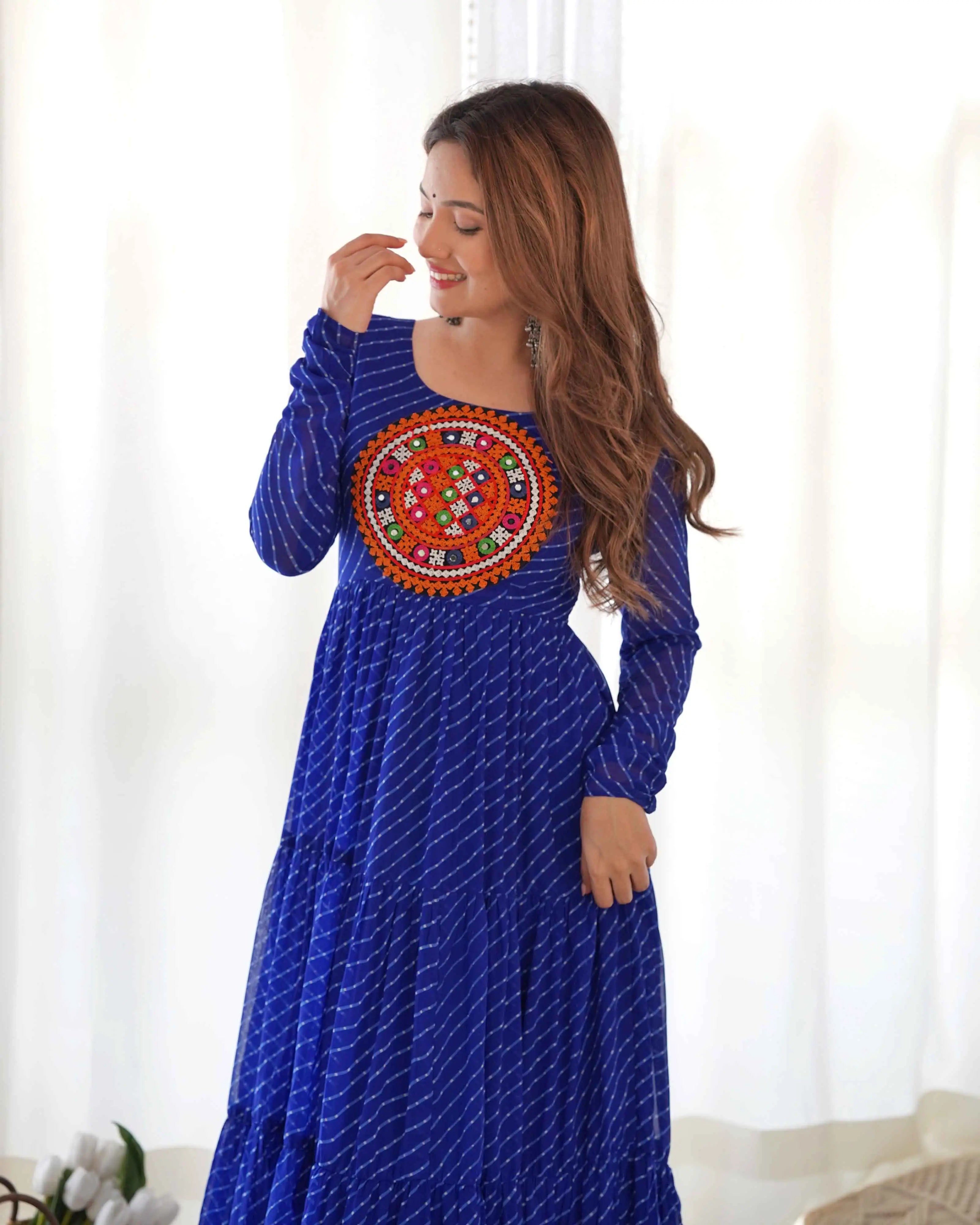 Royal Blue Laheriya Print With Gamthi Patch Work Navratri Gown - qivii