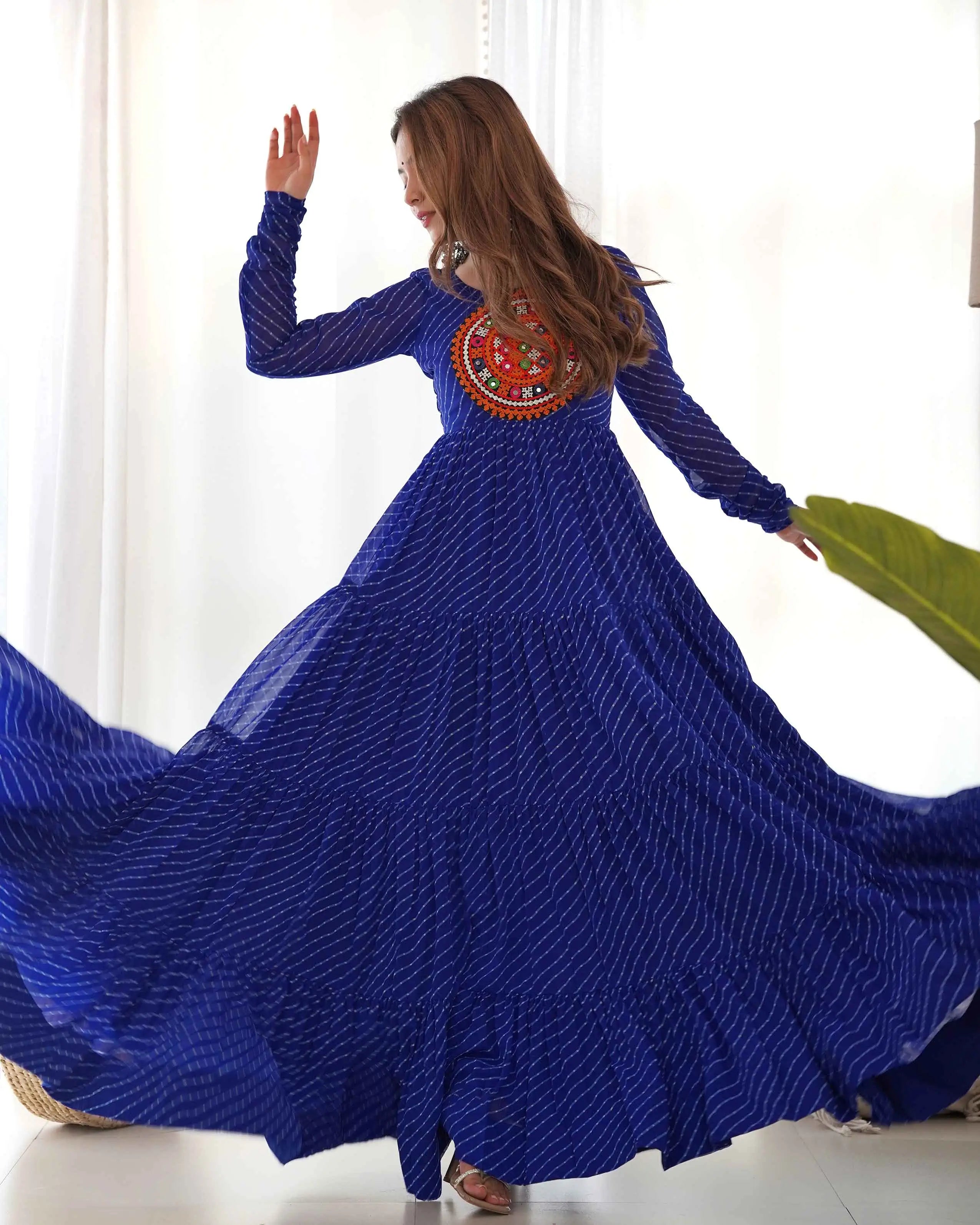 Royal Blue Laheriya Print With Gamthi Patch Work Navratri Gown - qivii