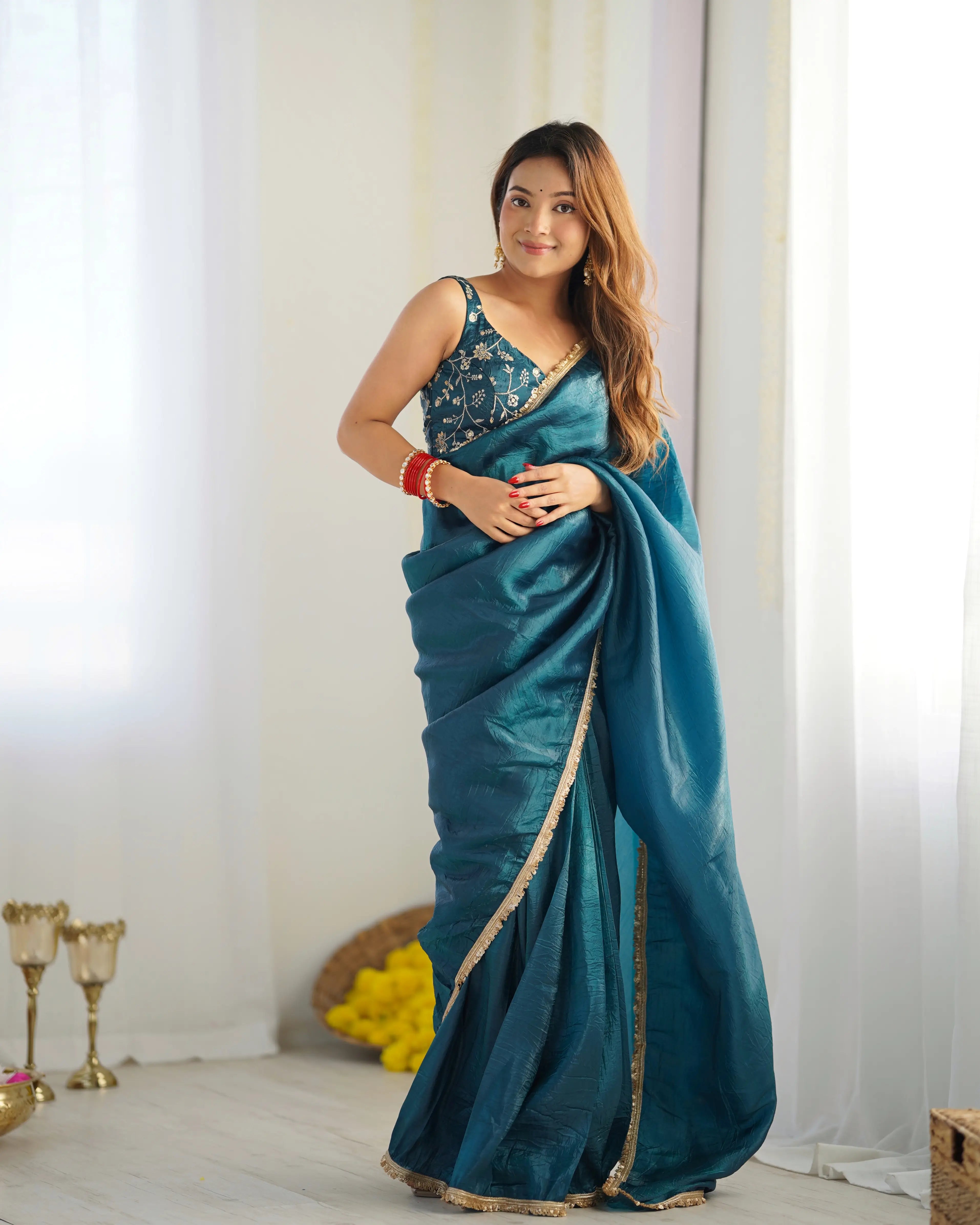 Teal Blue Gold Crush Tissue Pre Draped Ready To Wear Saree - qivii