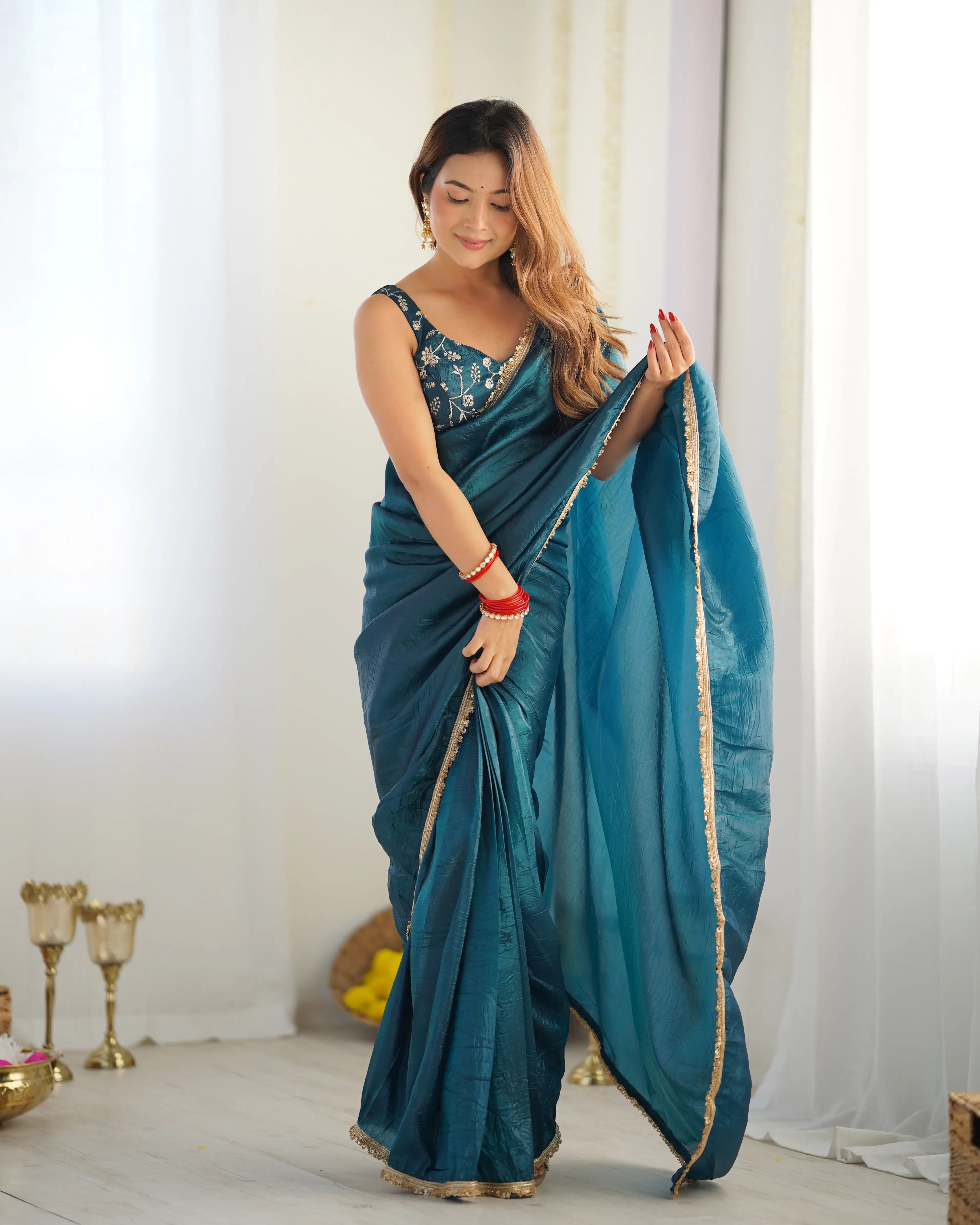 Teal Blue Gold Crush Tissue Pre Draped Ready To Wear Saree - qivii