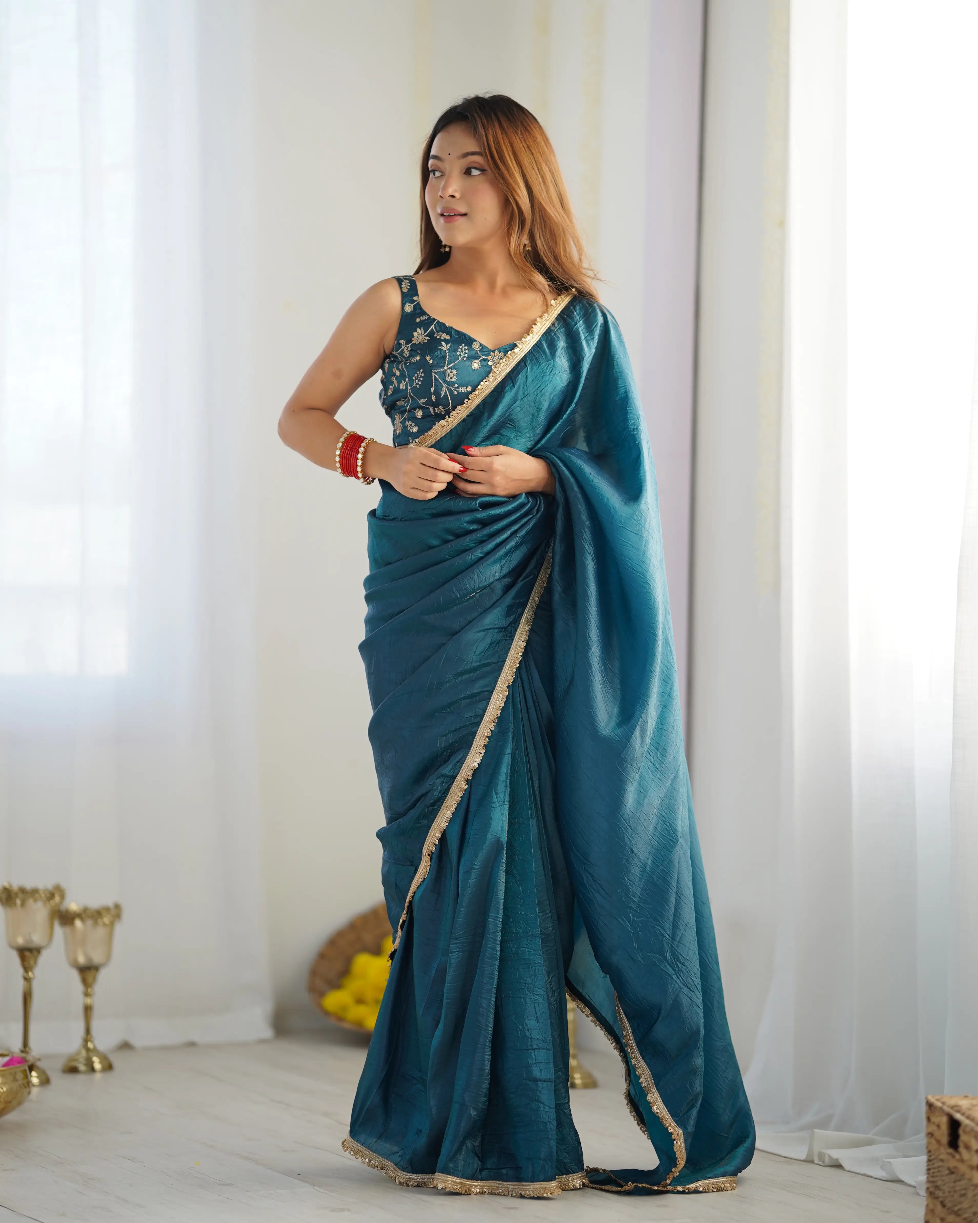 Teal Blue Gold Crush Tissue Pre Draped Ready To Wear Saree - qivii