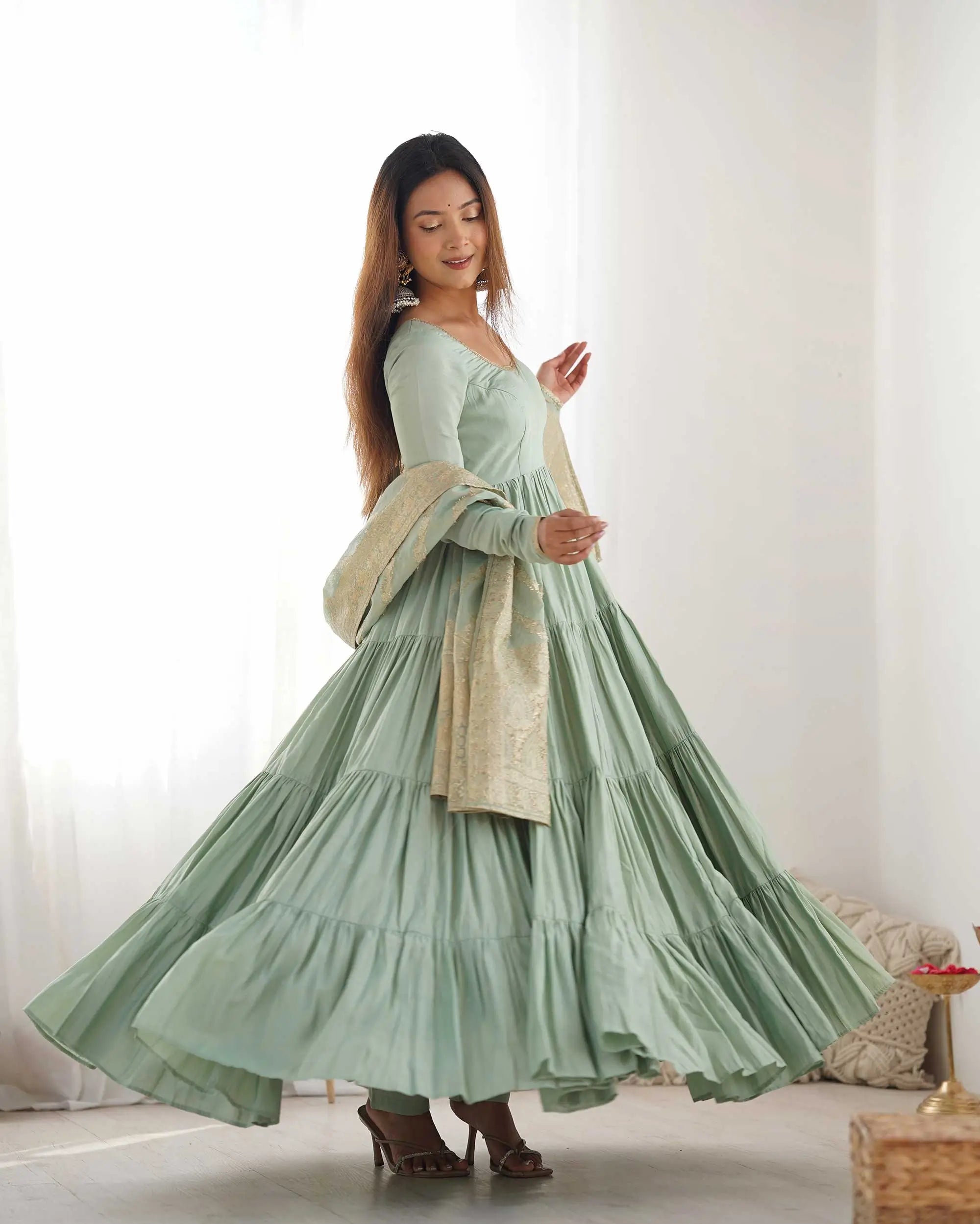Pista Silk Gown With Jacquard Banarasi Dupatta