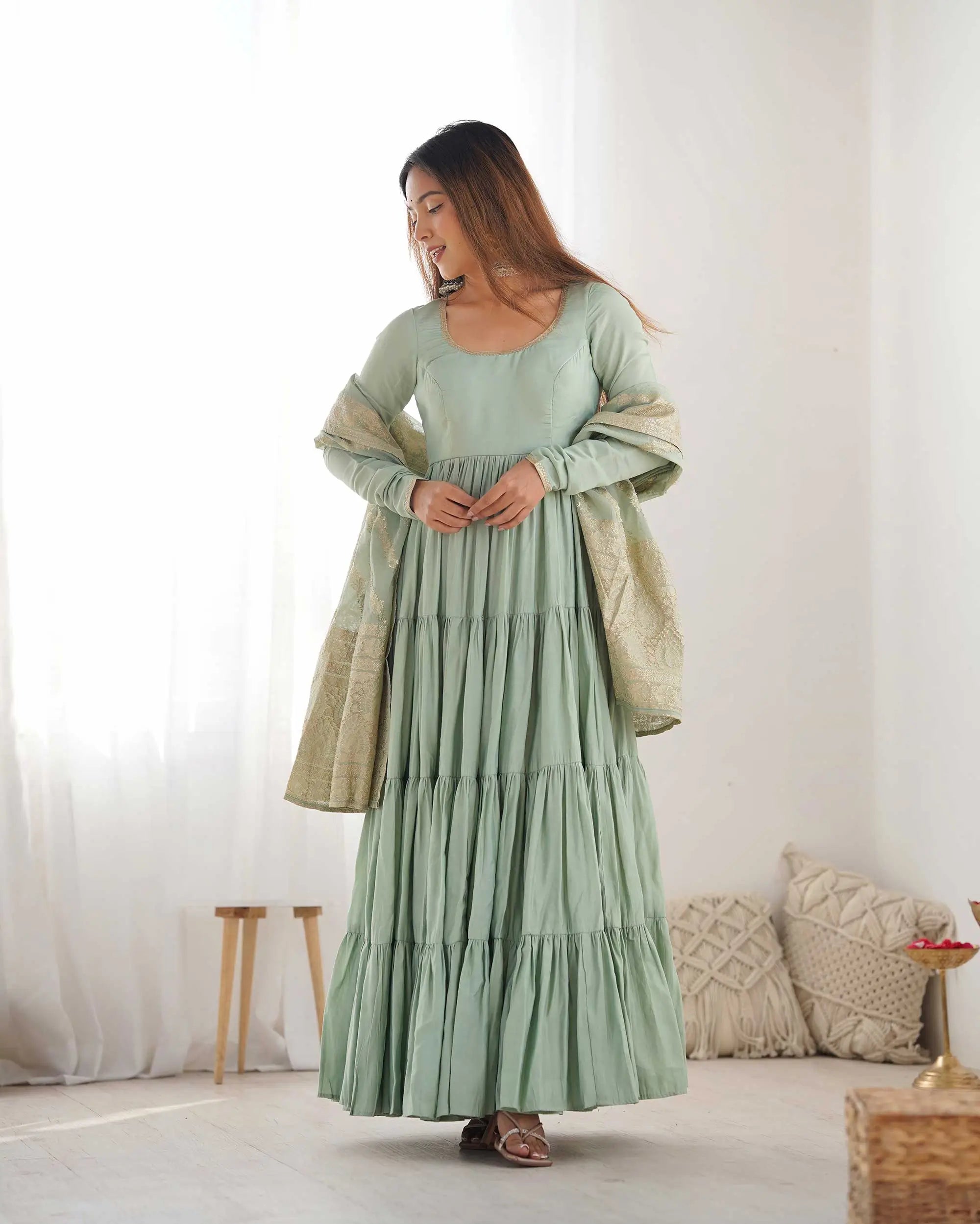 Pista Silk Gown With Jacquard Banarasi Dupatta