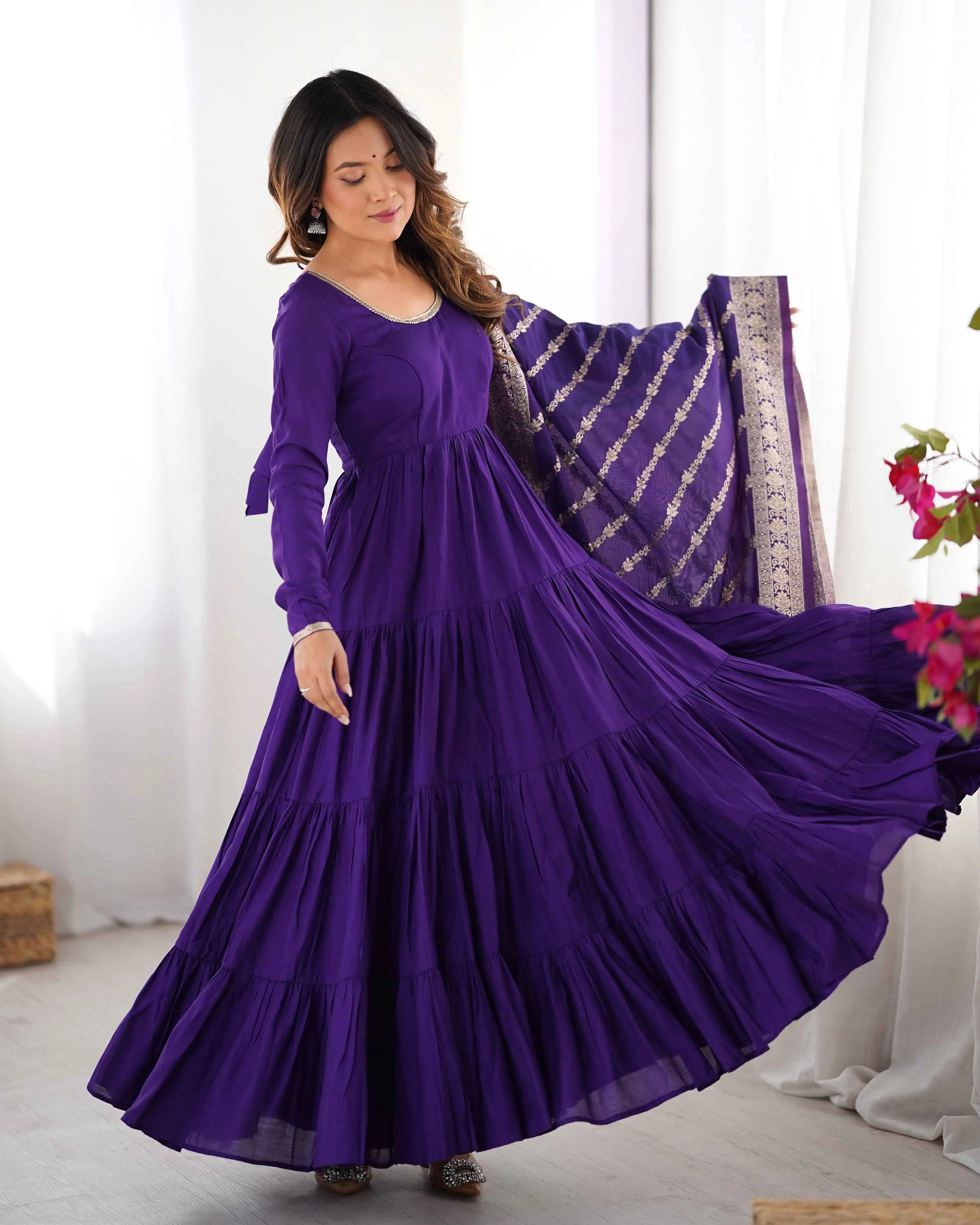 Dark Purple Silk Gown With Jacquard Banarasi Dupatta - qivii