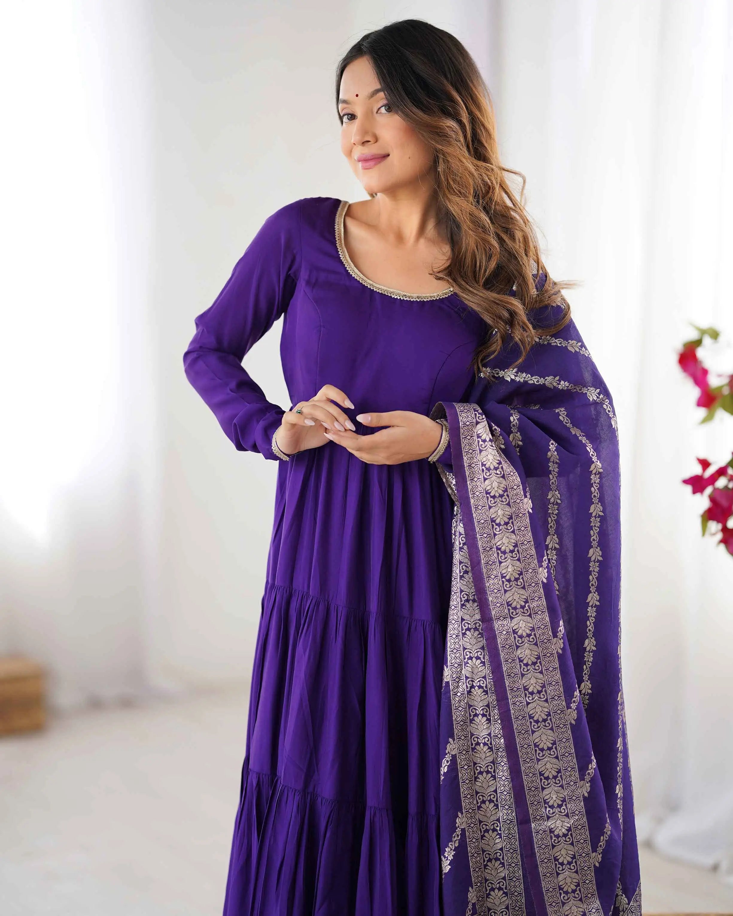 Dark Purple Silk Gown With Jacquard Banarasi Dupatta - qivii