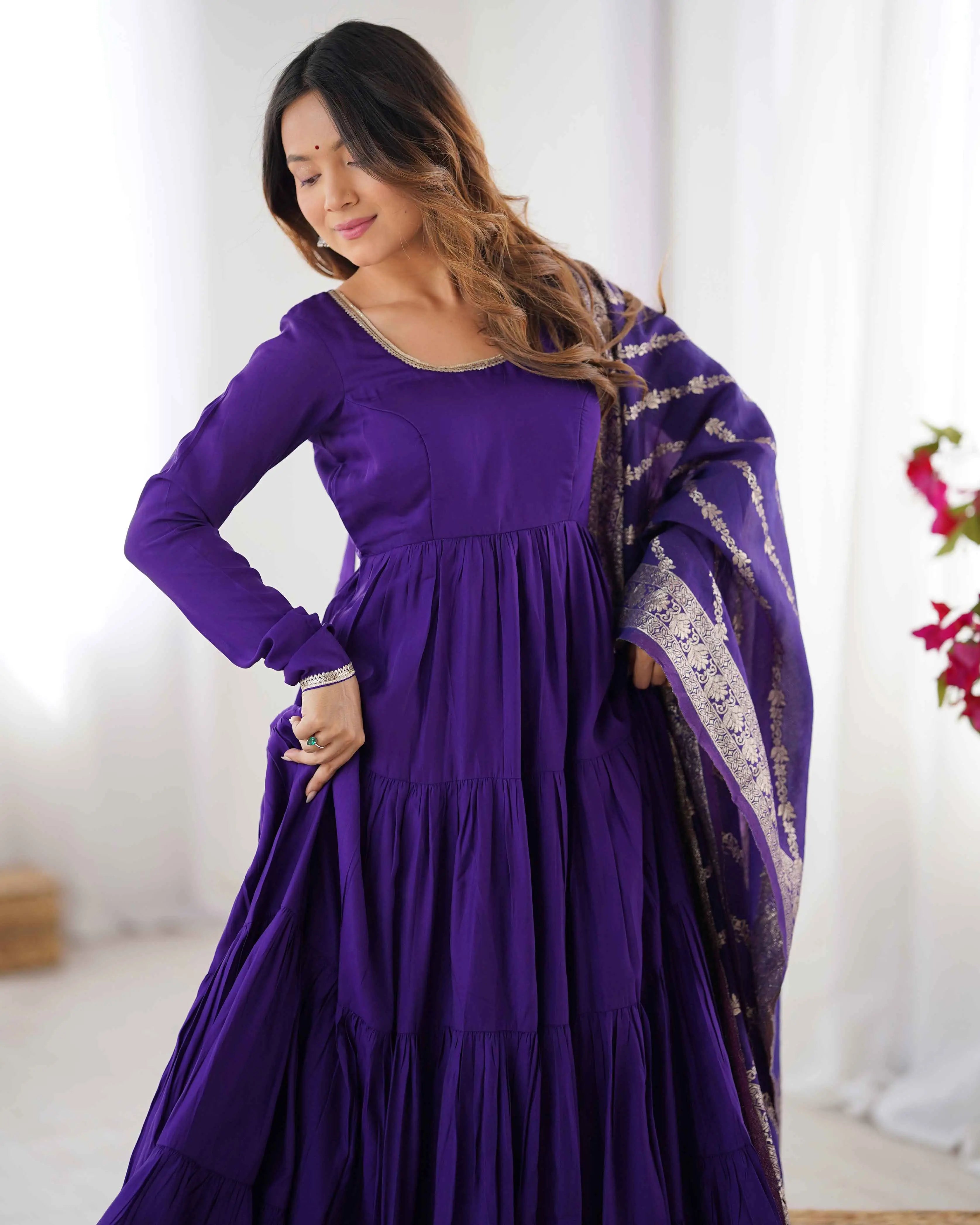 Dark Purple Silk Gown With Jacquard Banarasi Dupatta - qivii