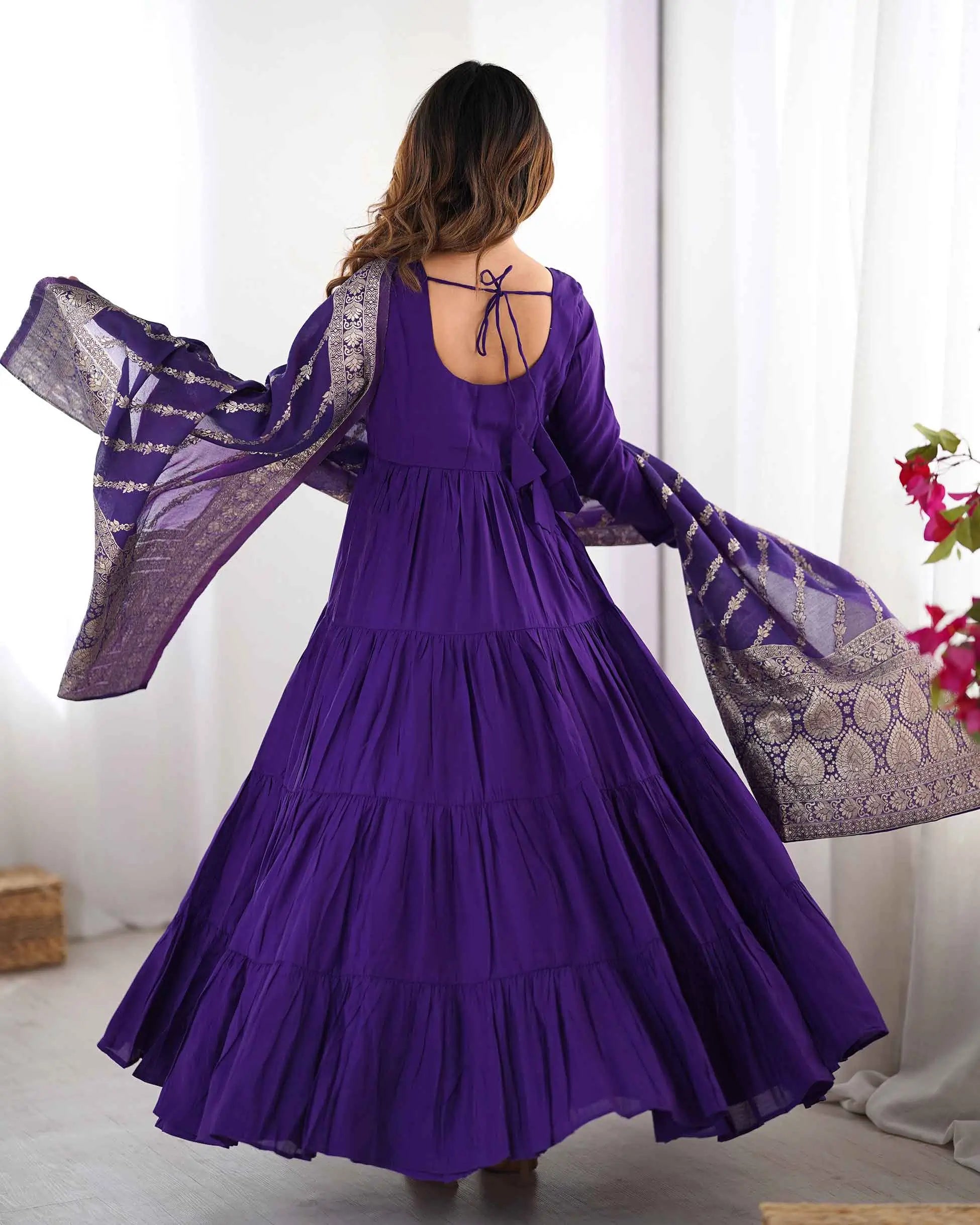Dark Purple Silk Gown With Jacquard Banarasi Dupatta - qivii