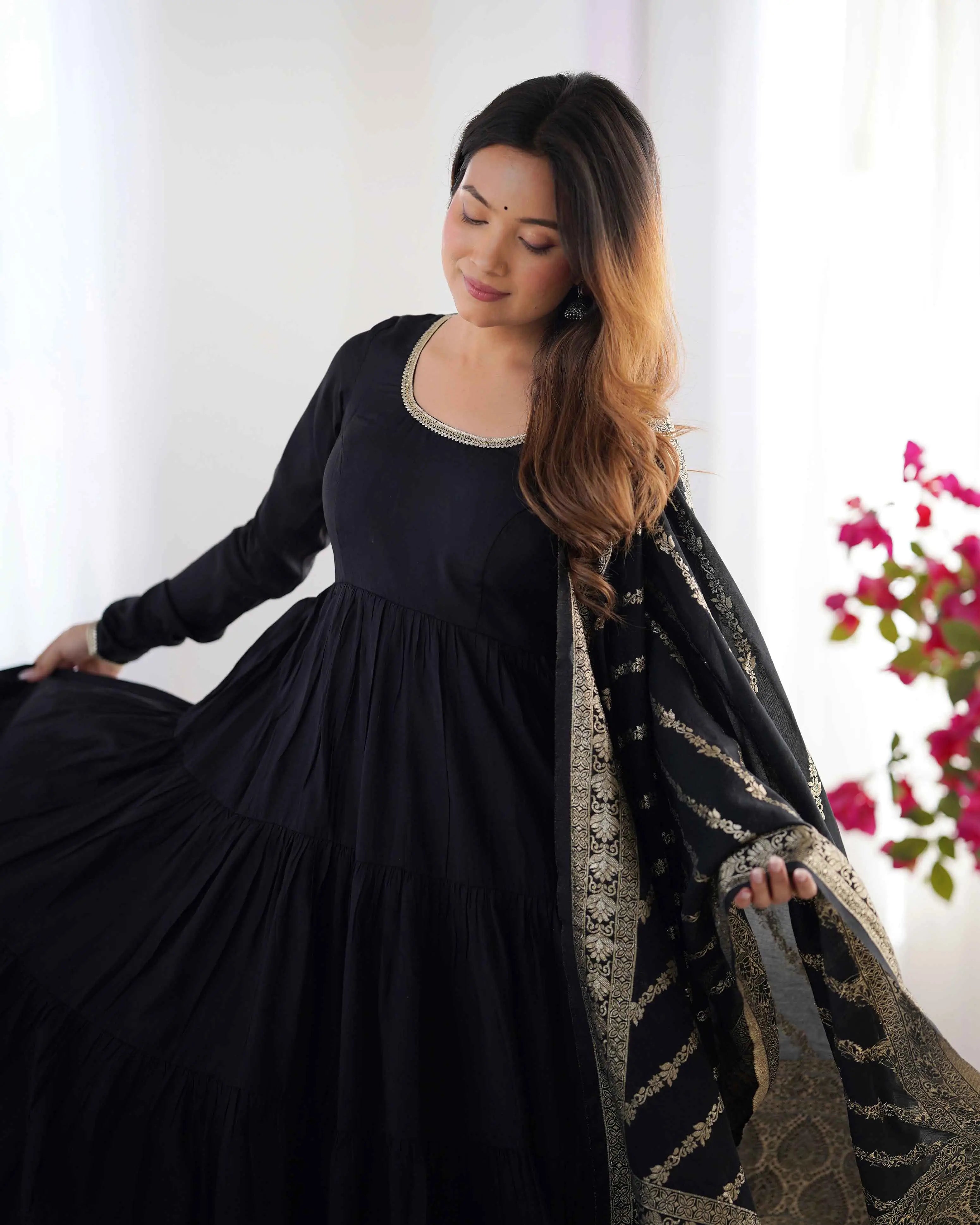 Black Silk Gown With Jacquard Banarasi Dupatta - qivii
