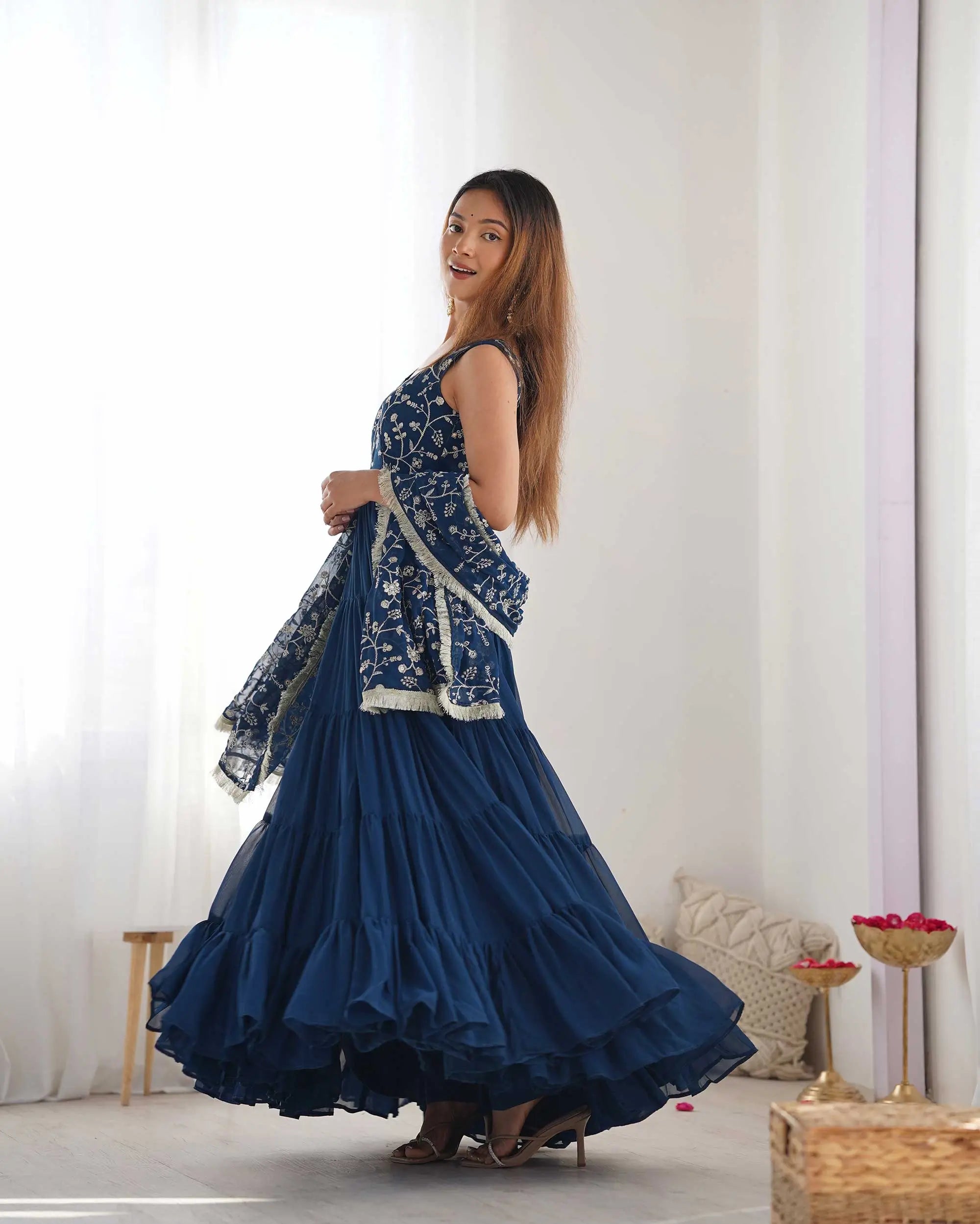 Teal Blue Georgette Empire Flair Gown With Heavy Embroidery Work Dupatta