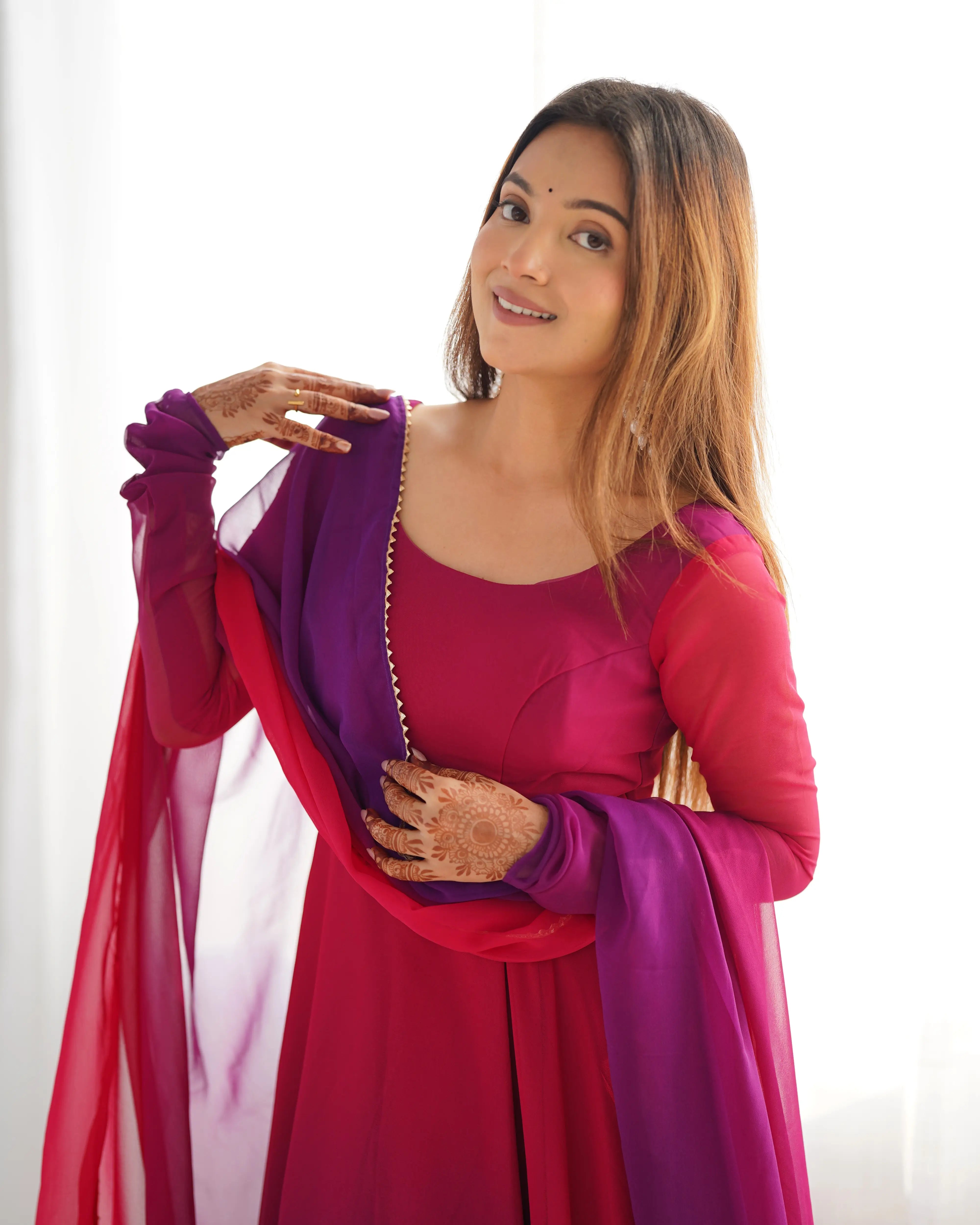 Dark Pink With Colorful Padding Plain Georgette Gown With Dupatta