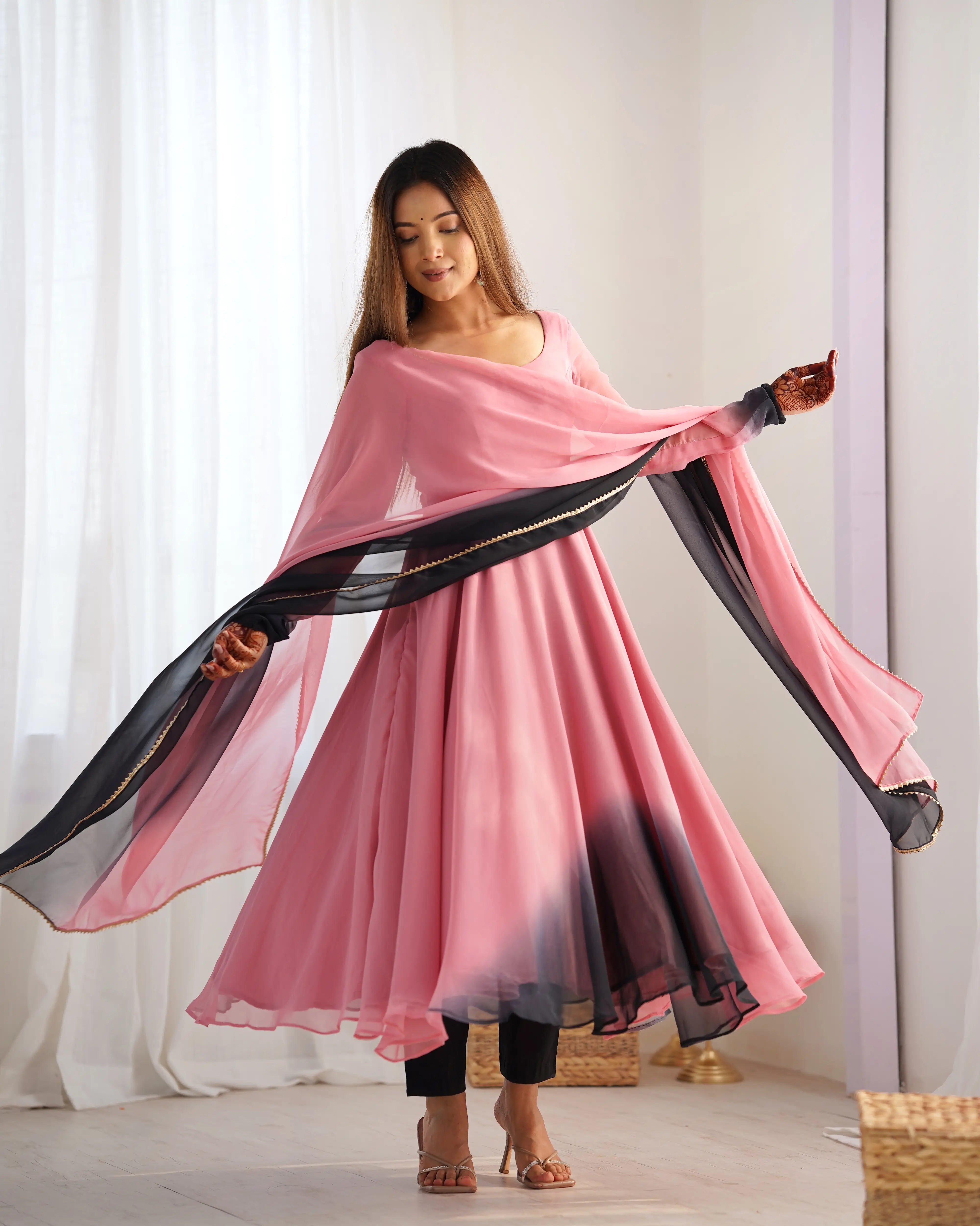 Onion Pink With Colorful Padding Plain Georgette Gown With Dupatta