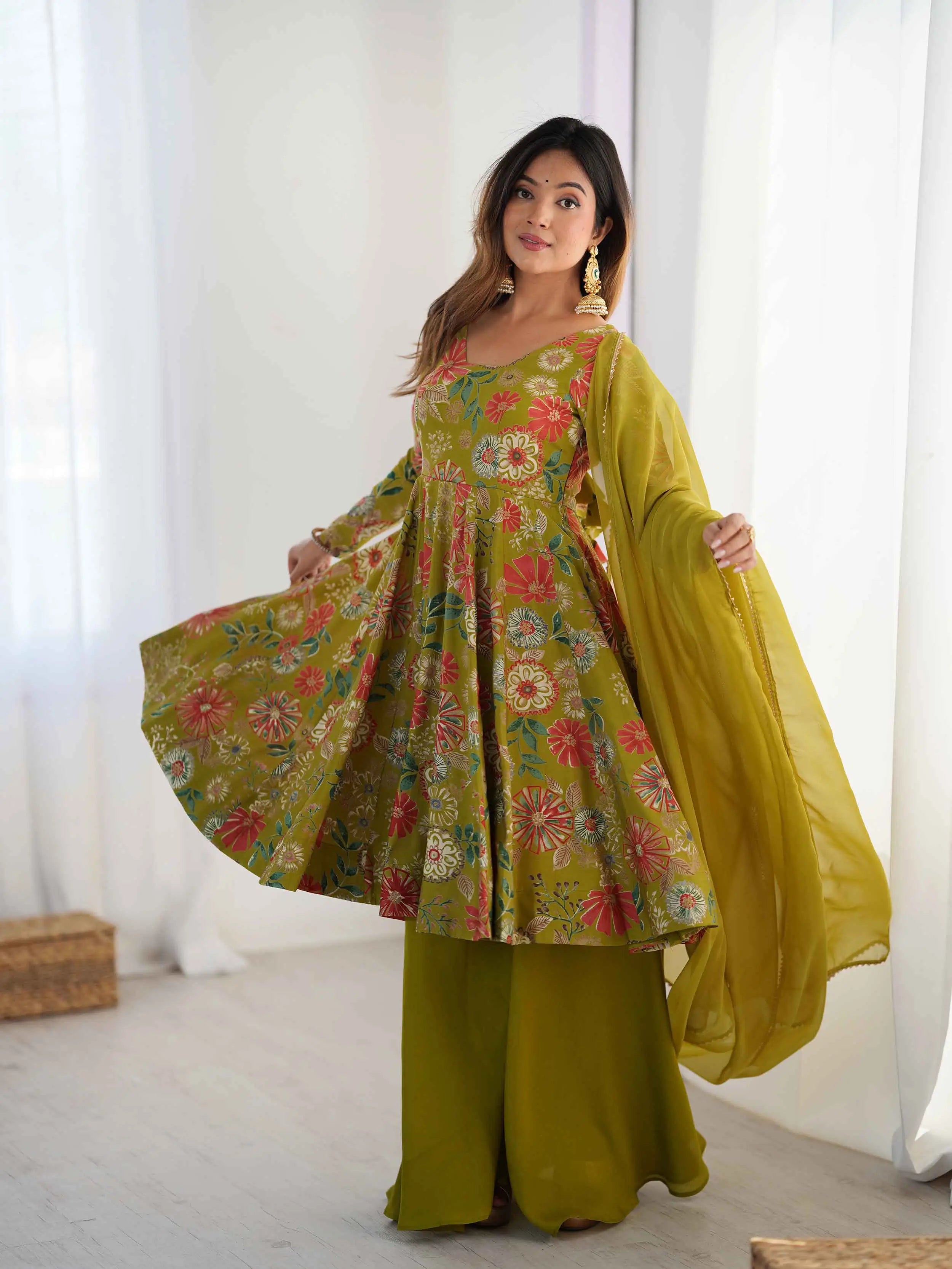 Mehndi Floral Print Kediya Style Kurta Set With Dupatta - qivii