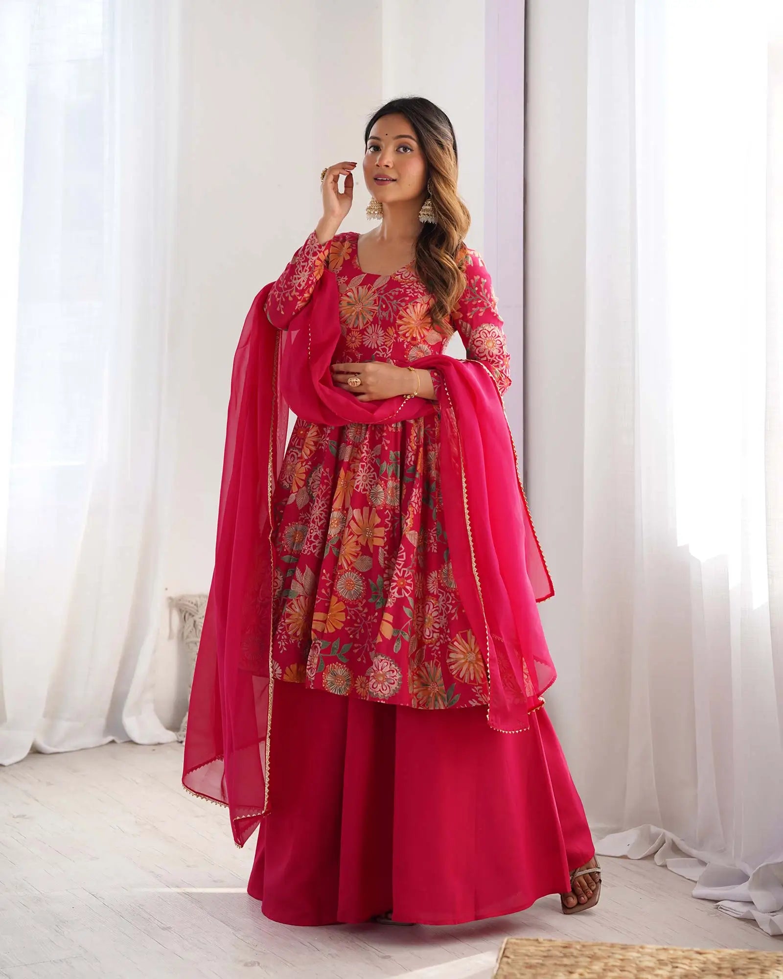 Rani Pink Floral Chanderi Print Kediya Style Kurta Set With Dupatta