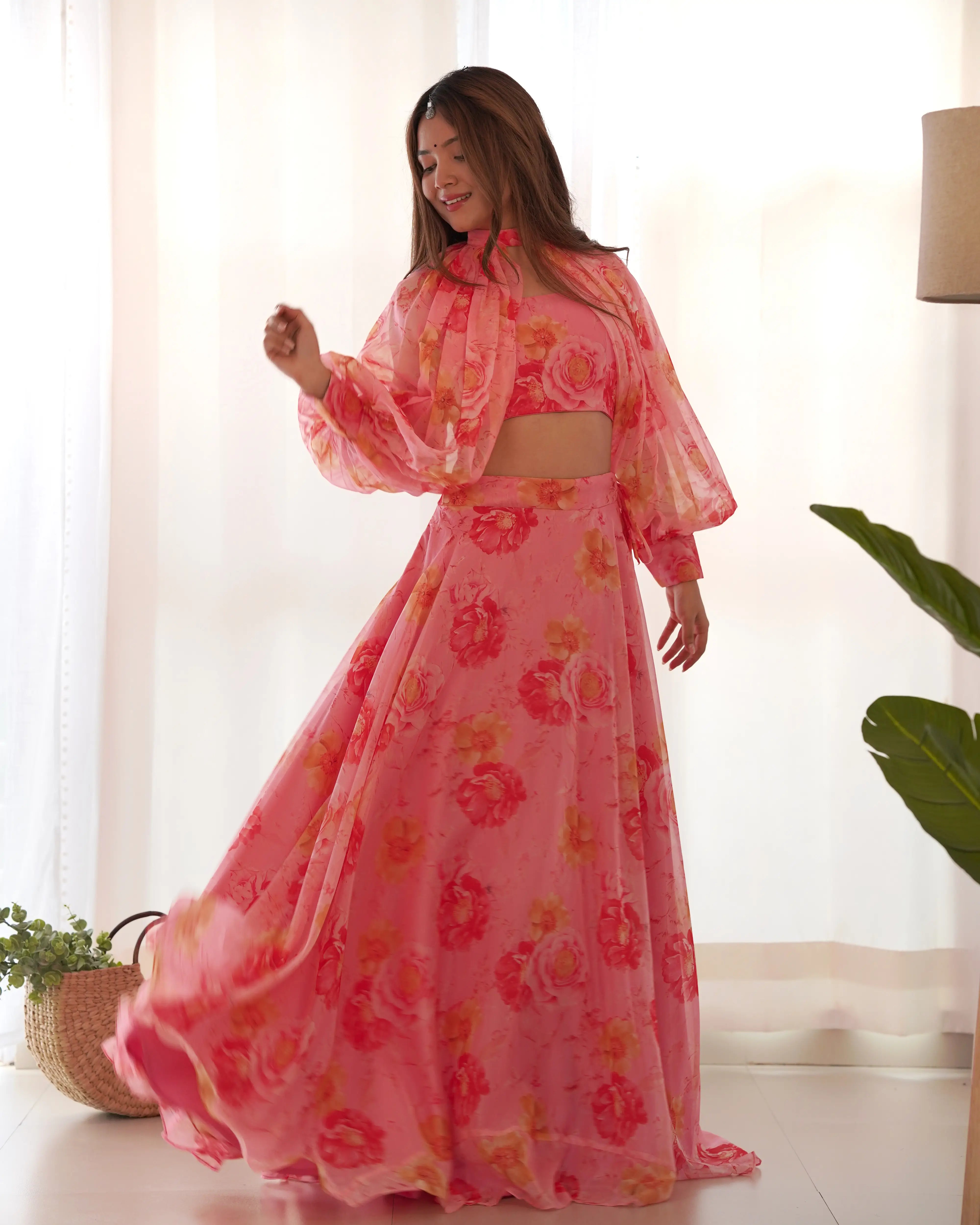 Dirty Pink Floral Print Indo Western With Detachable Sleeves And Lehenga - qivii