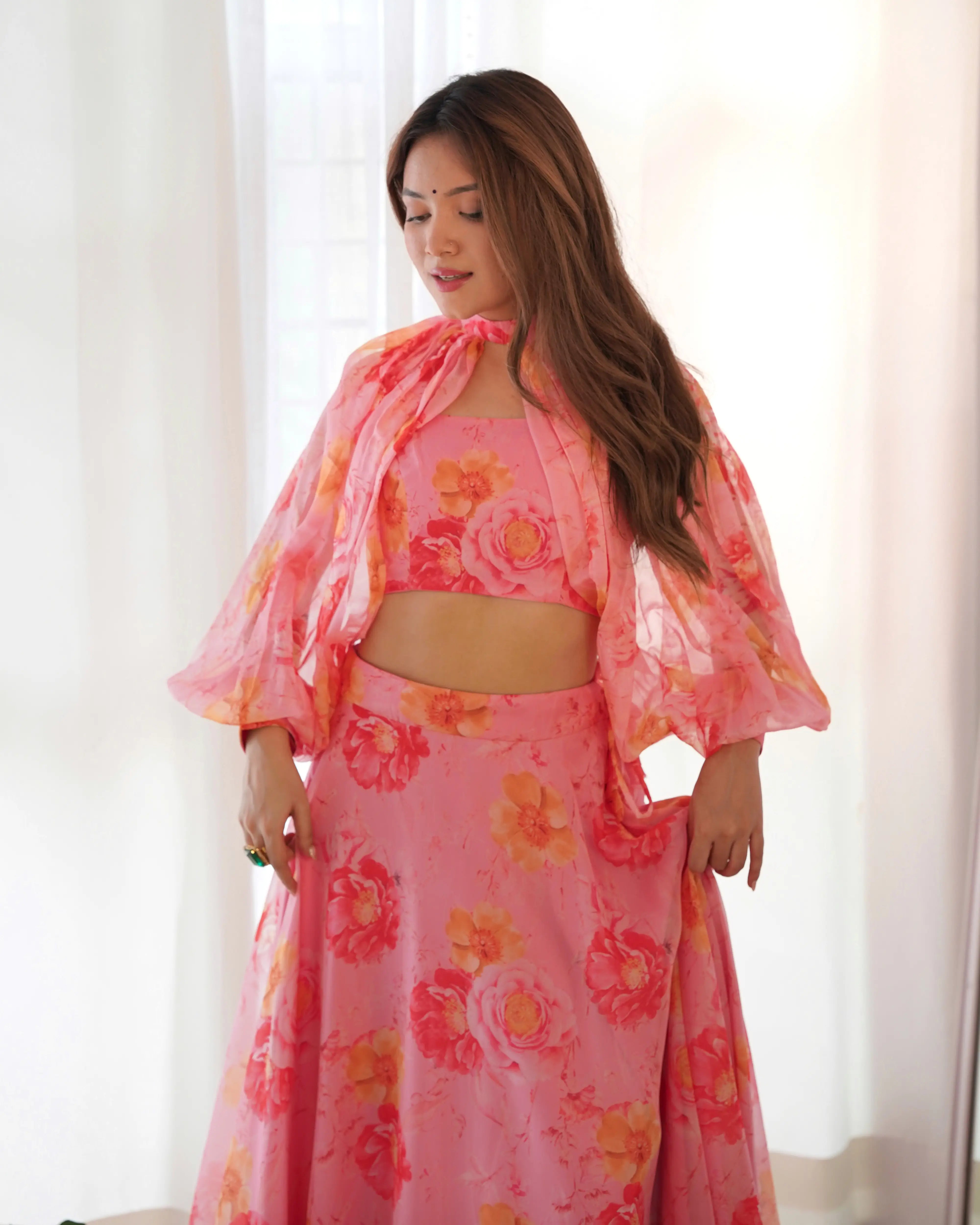 Dirty Pink Floral Print Indo Western With Detachable Sleeves And Lehenga - qivii