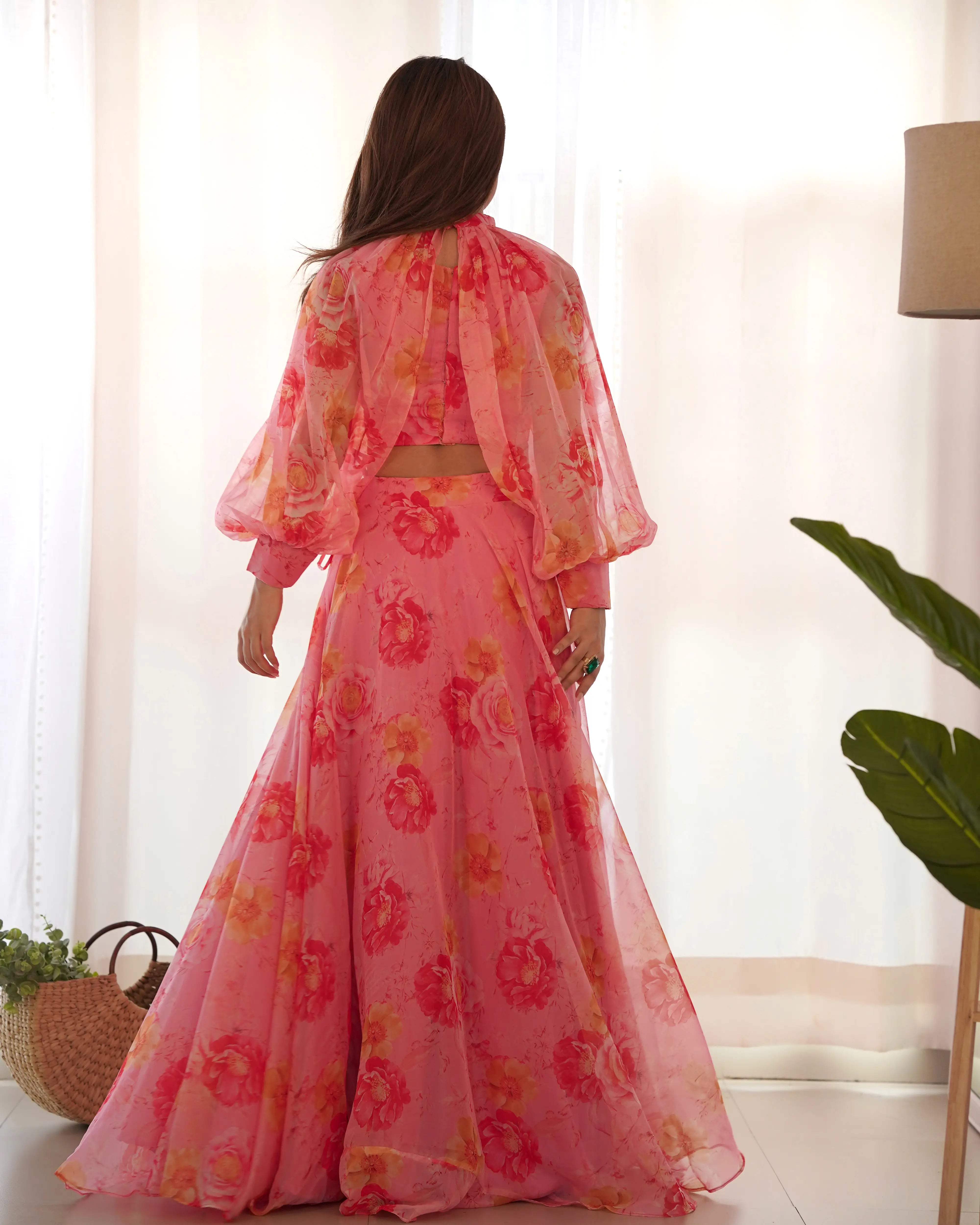 Dirty Pink Floral Print Indo Western With Detachable Sleeves And Lehenga - qivii