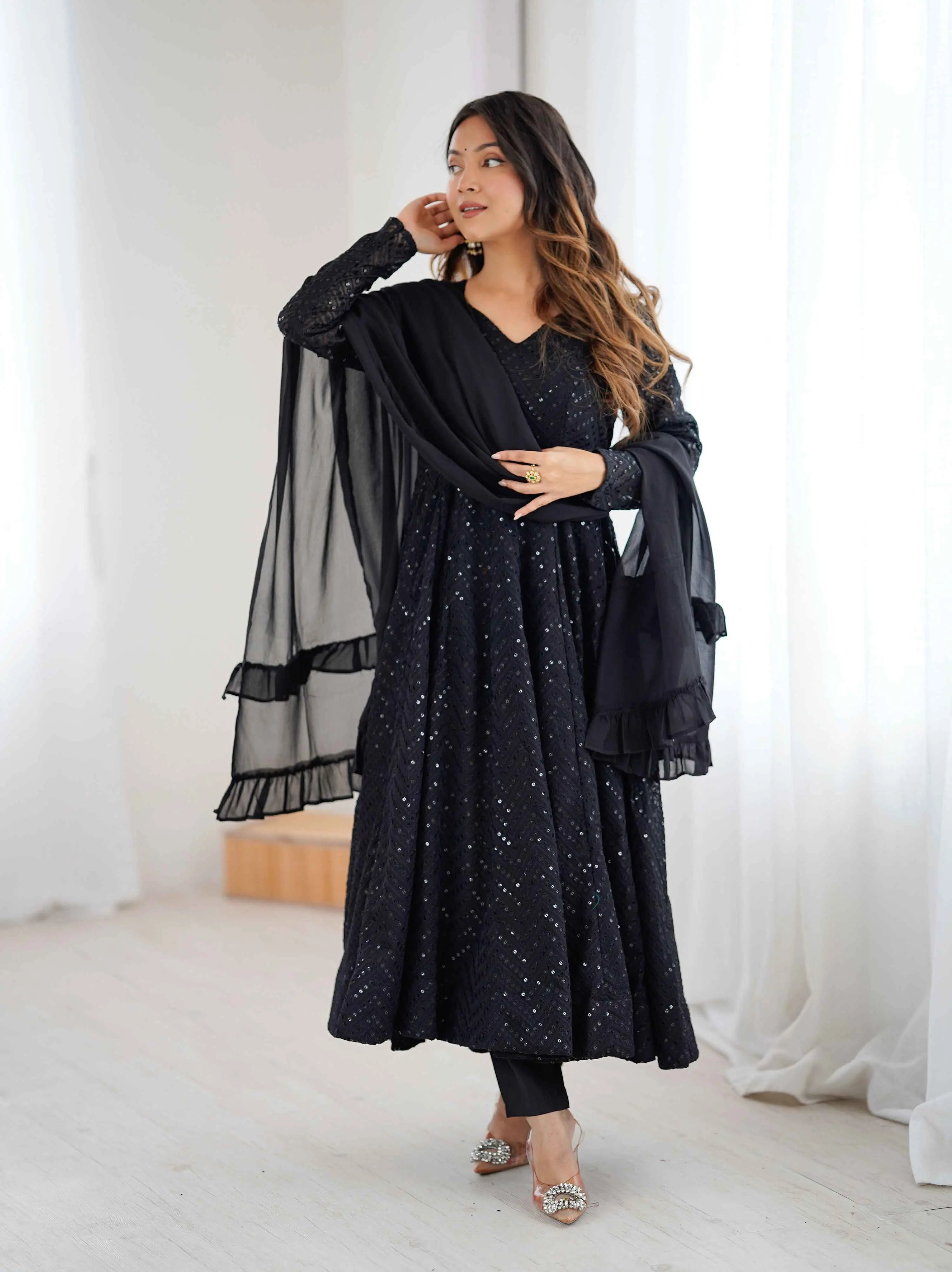 Black Lukhnowi Sequins Work Gown