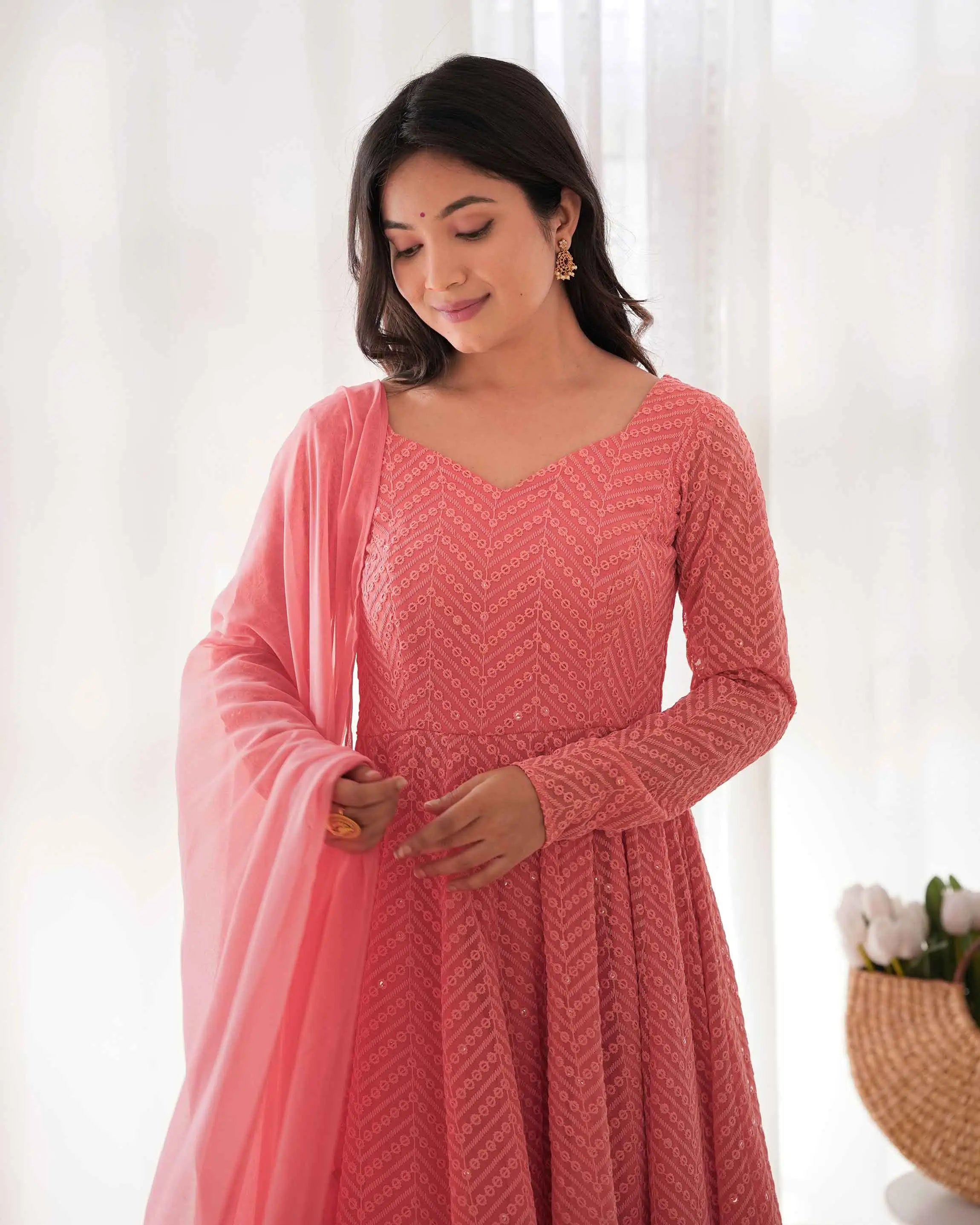 Peach Georgette lucknowi Sequins Work Gown With Ruffle Style Dupatta