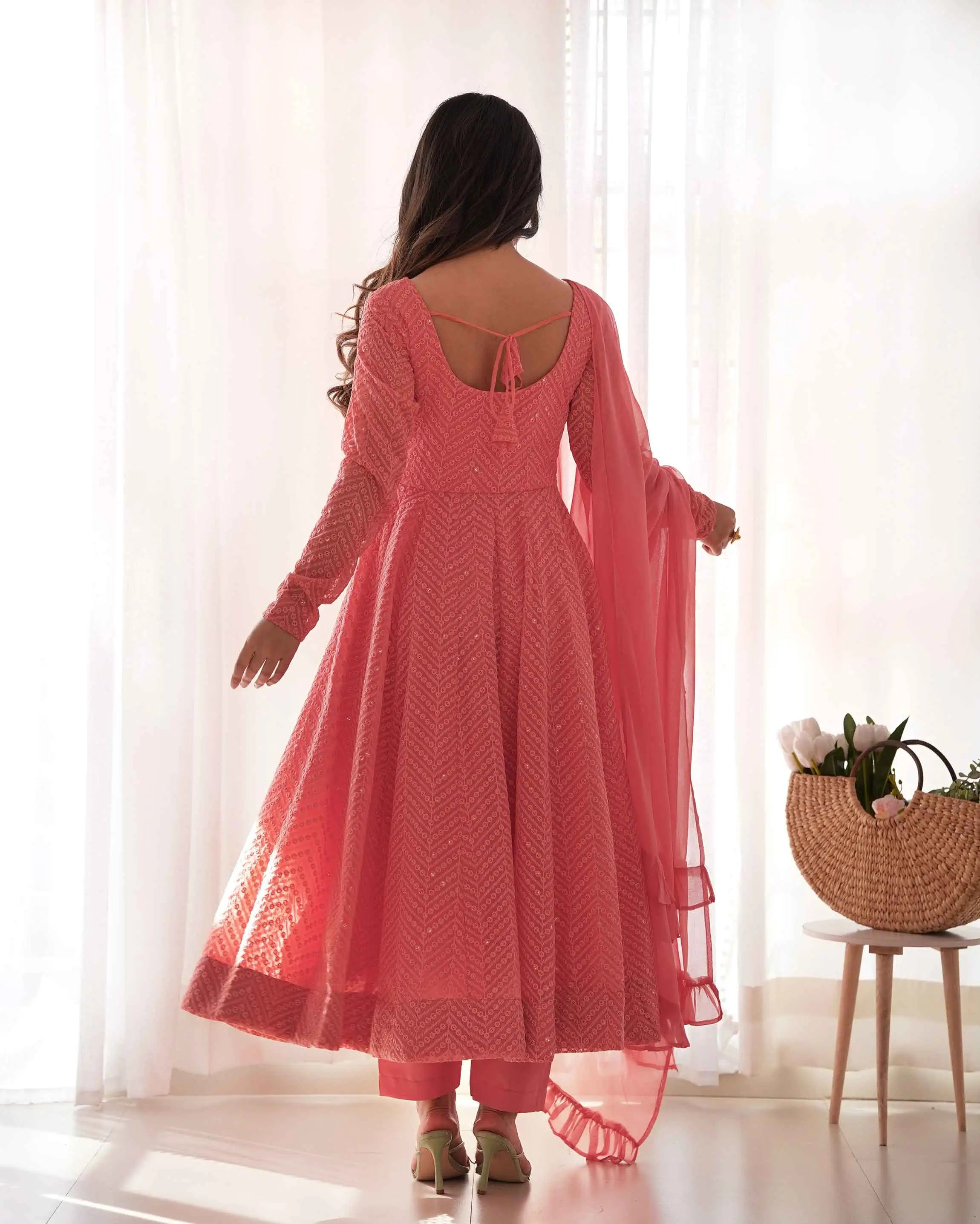 Peach Georgette lucknowi Sequins Work Gown With Ruffle Style Dupatta
