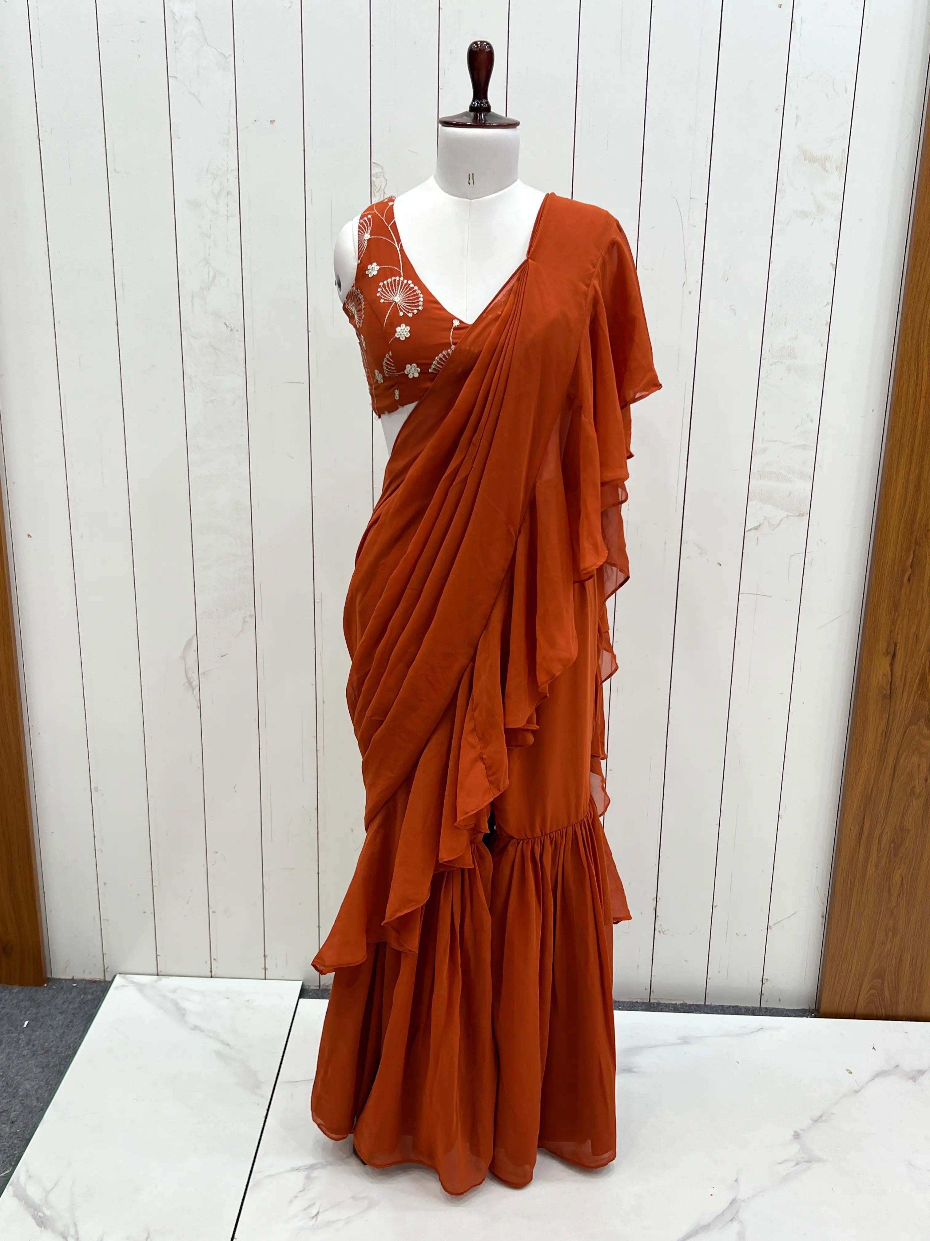 Rust Orange Georgette Ready To Wear Sharara Saree - qivii