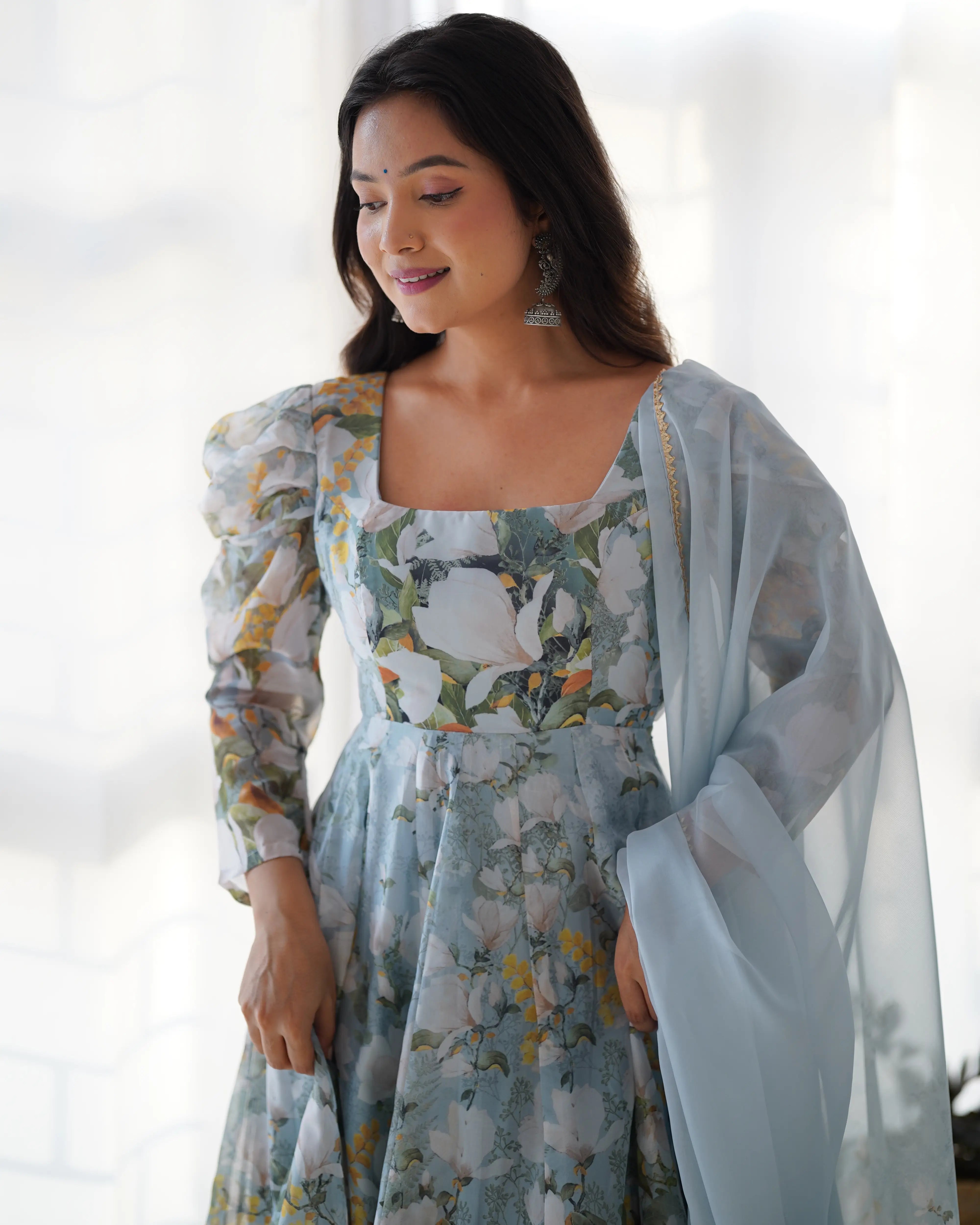 Regent Grey Floral Print Organza Silk Anarkali Gown And Dupatta - qivii