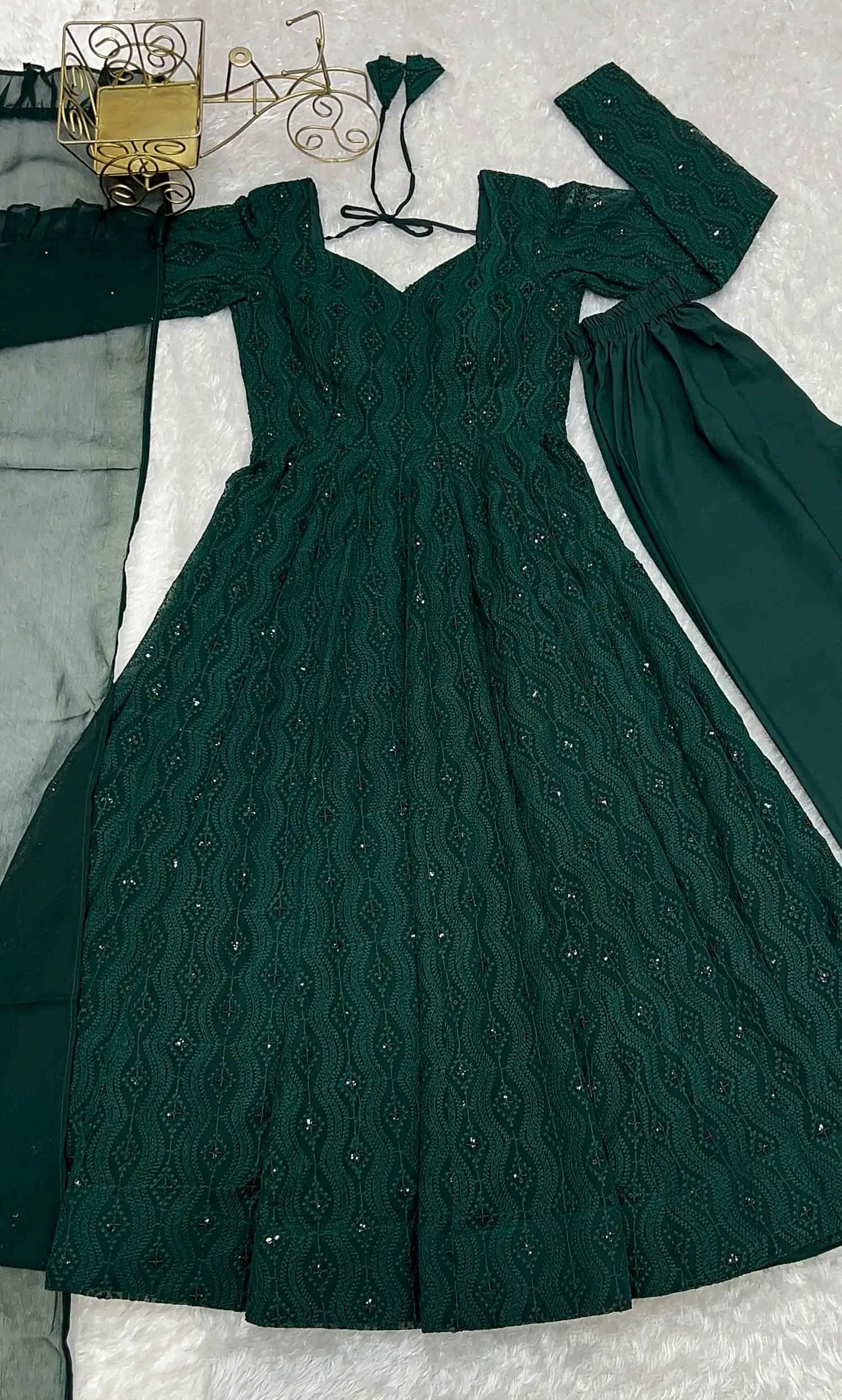 Dark Green Lukhnowi Work Georgette Gown With Ruffle Style Dupatta - qivii